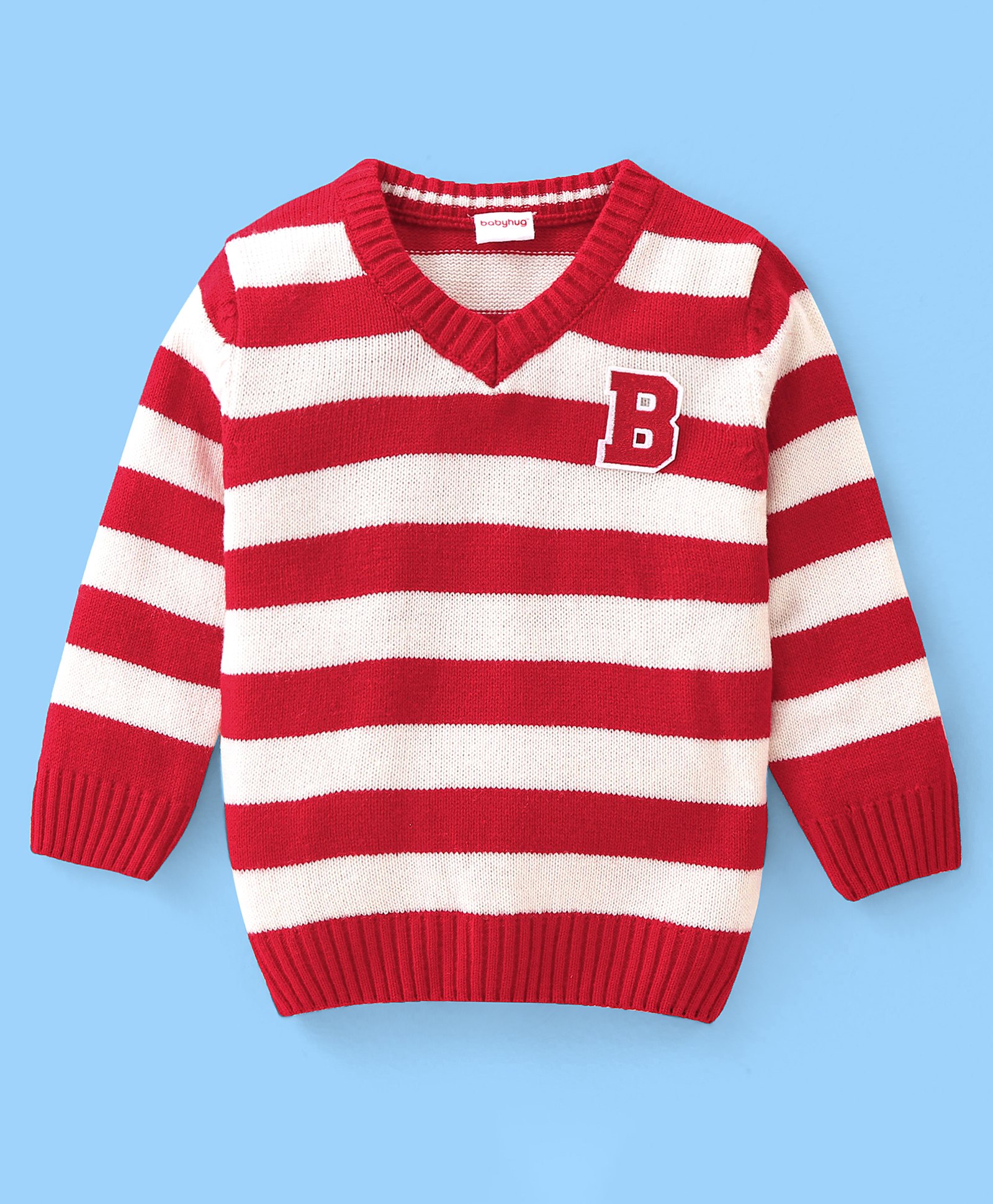 Babyhug 100% Acrylic Knit Full Sleeves Striped Pullover Sweater with B Applique - Red & White-image-11