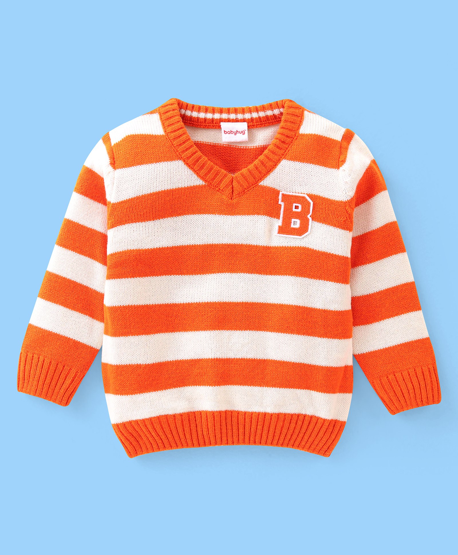 Babyhug 100% Acrylic Knit Full Sleeves Striped Pullover Sweater with B Applique - Orange & White-image-13