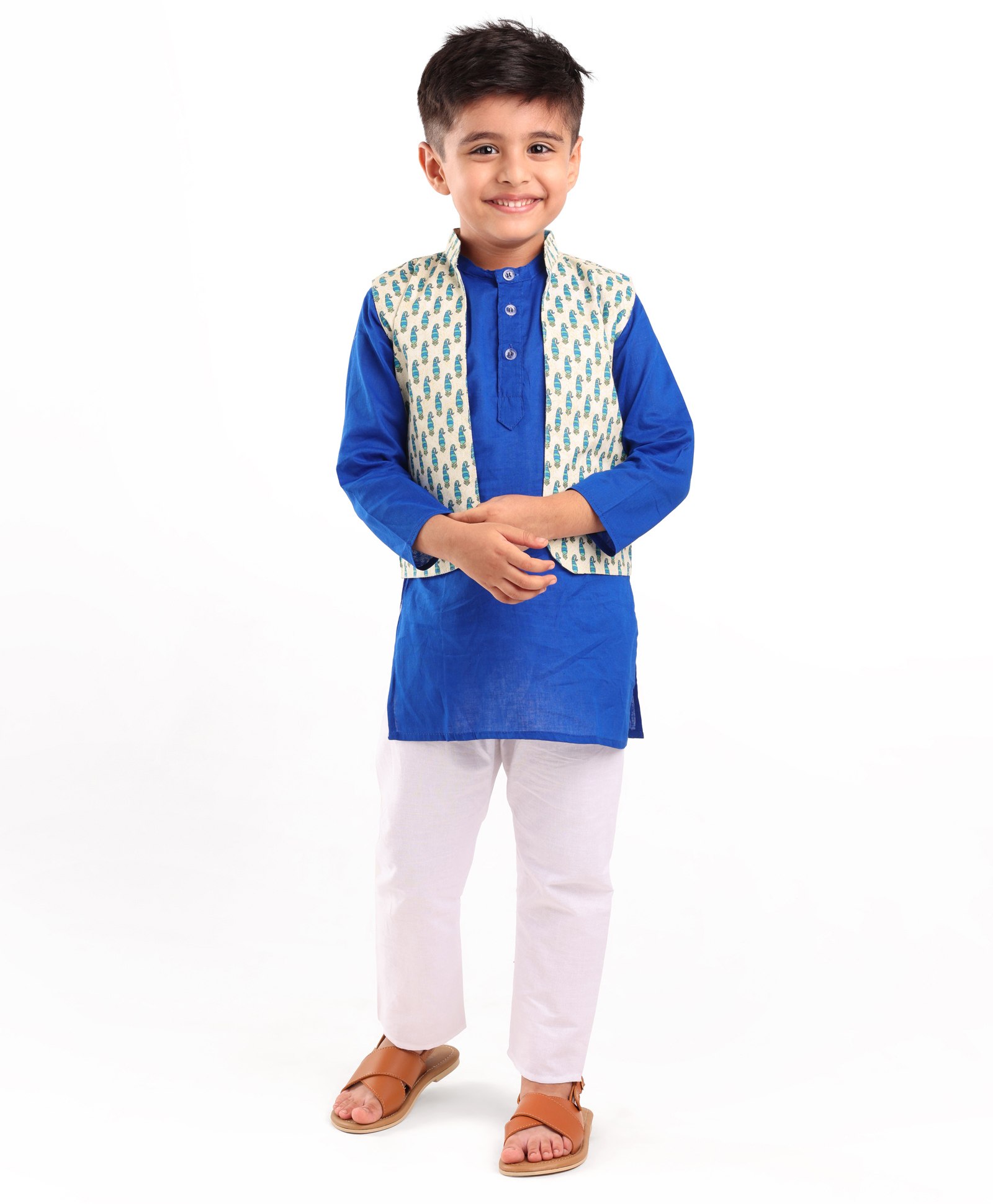Teentaare Cotton DC Woven Full Sleeves Solid Colour Kurta Pyjama Set With Kolka Print Jacket - Blue-picture-11