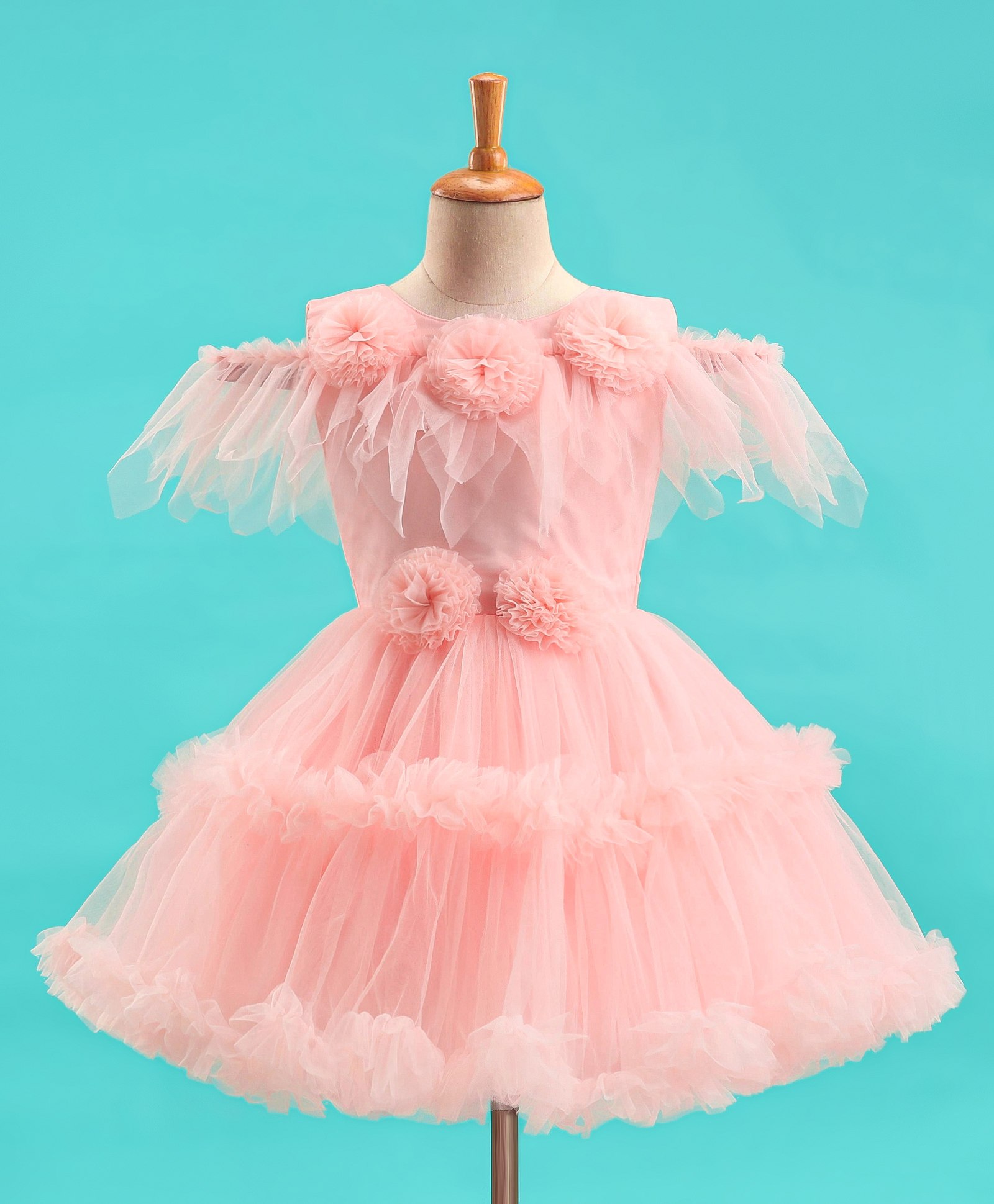 Bluebell Net Woven Sleeveless Party Dress  with Floral Corsage - Peach-image-39