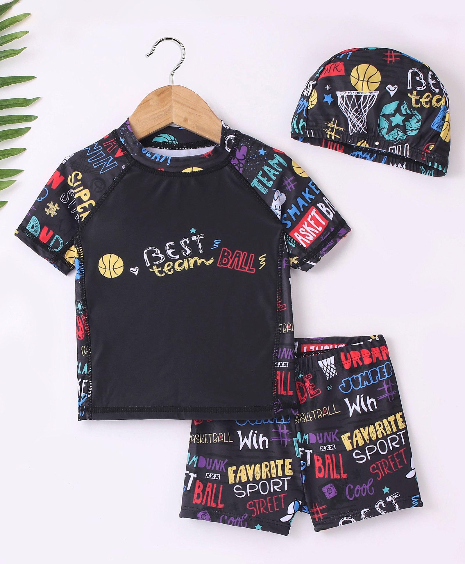 Kookie Kids Half Sleeves Two Piece Swimsuit with Swimming Cap Text Printed - Black-image-18