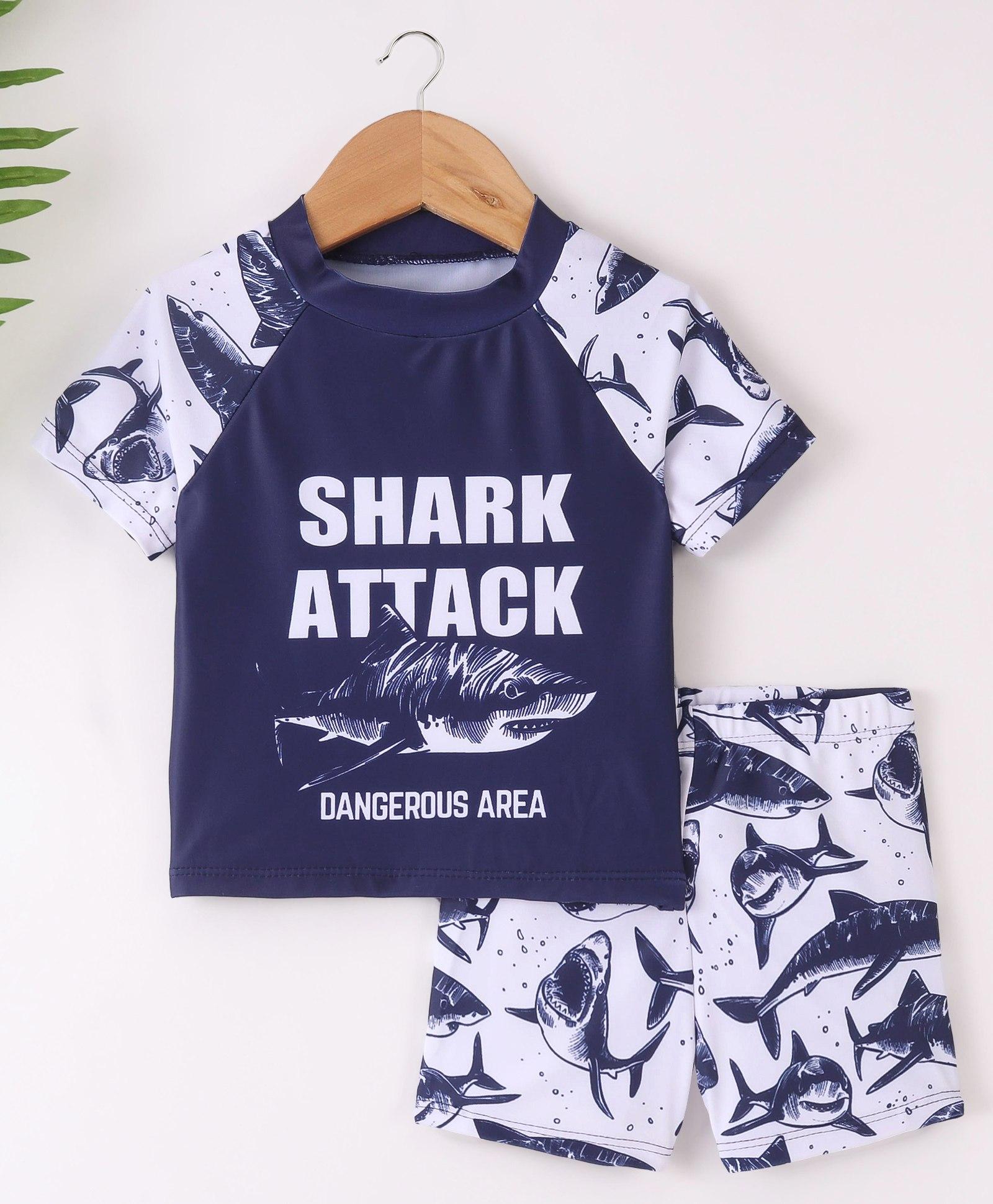 Kookie Kids Raglan Half Sleeves Two Piece Swimsuit Shark Print - Blue-picture-11