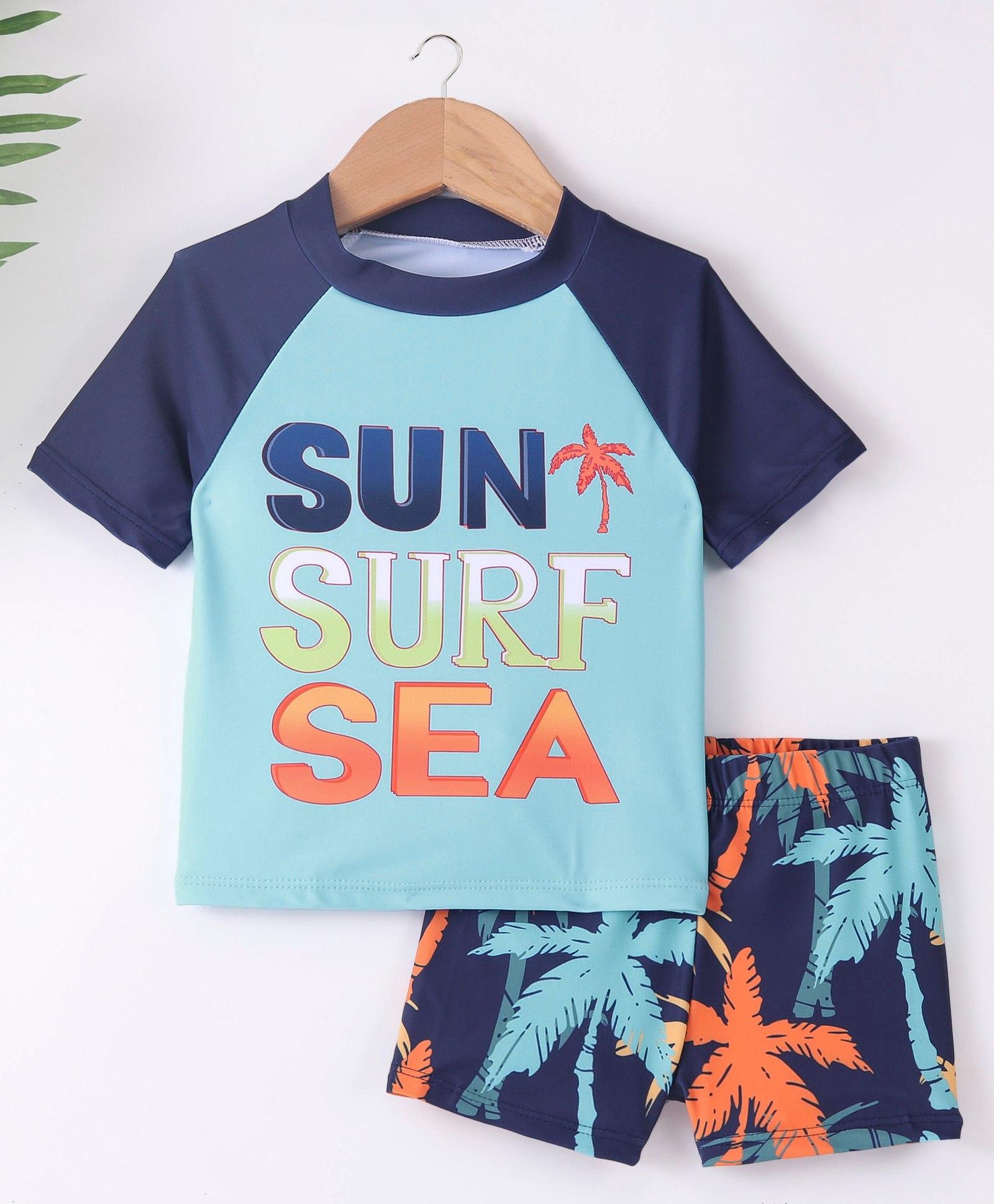 Kookie Kids Raglan Half Sleeves Two Piece Swimsuit Text Print - Blue-image-48