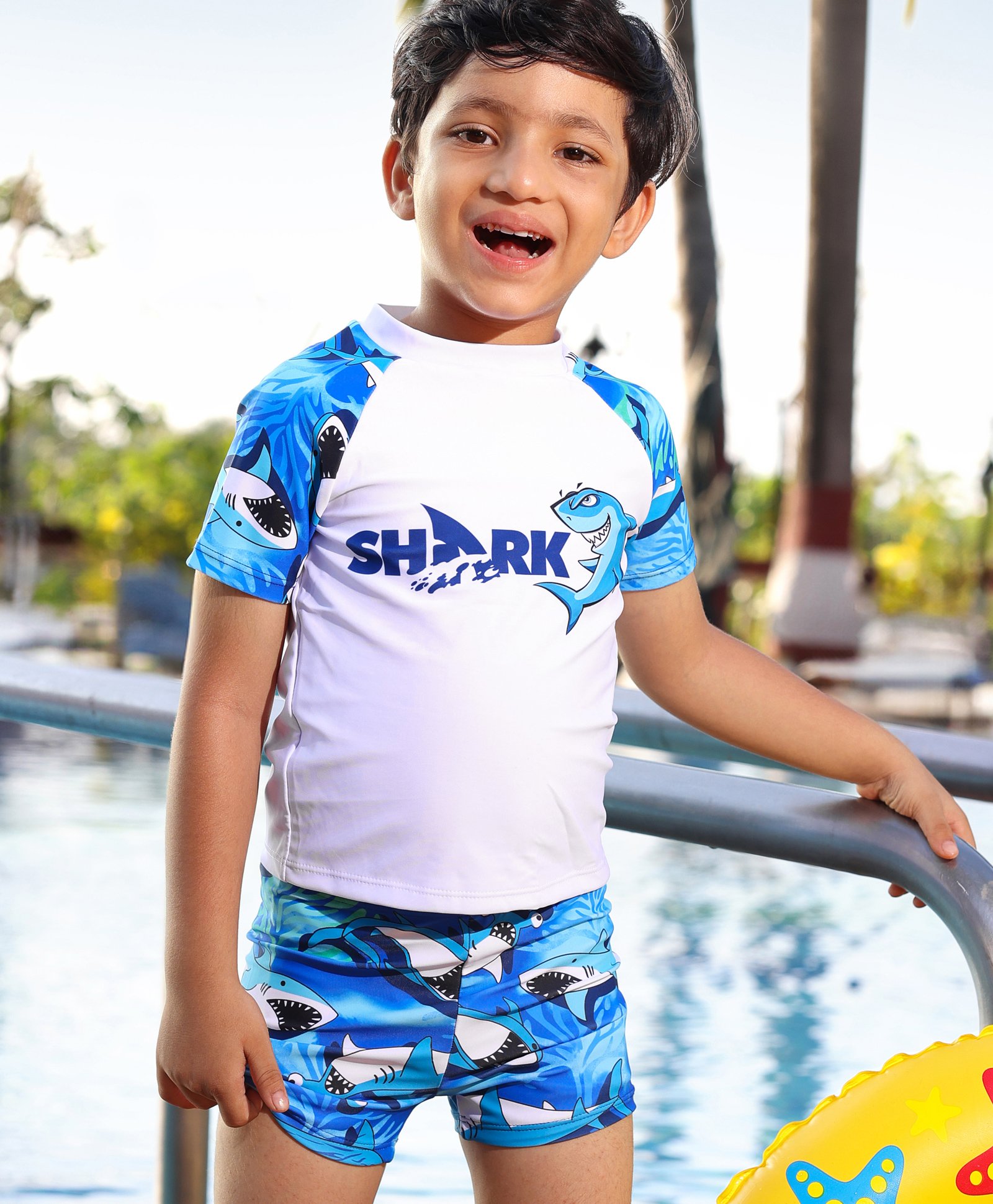 Kookie Kids Raglan Half Sleeves Two Piece Swimsuit Shark Print - White-image-8