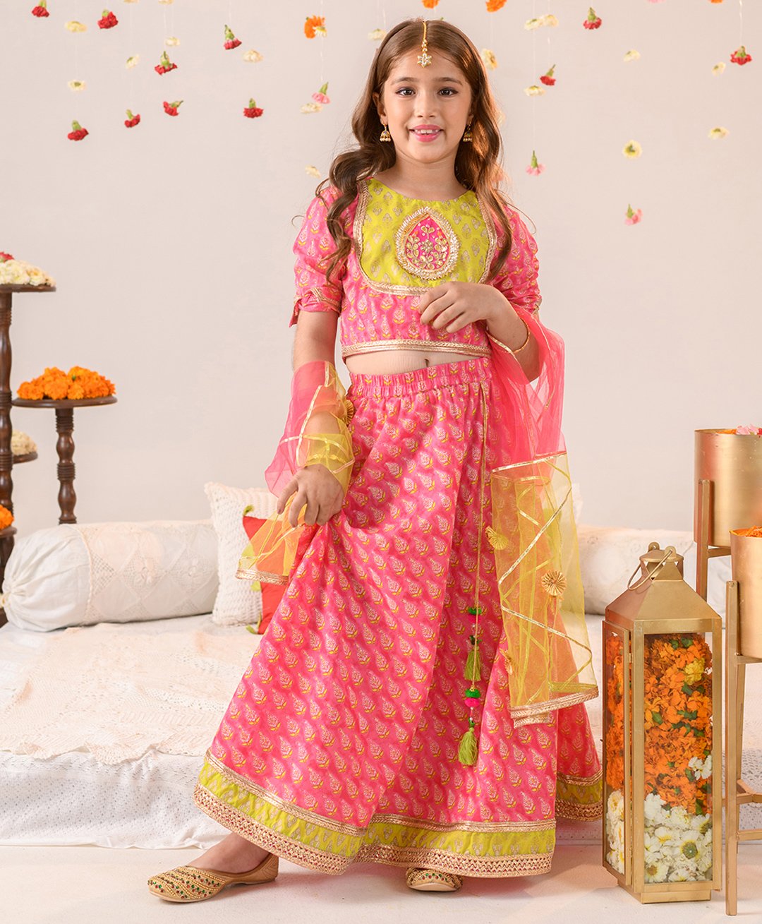 Pspeaches Half Sleeves Motif Printed Gota Patti Detailed Lehenga Choli With Dupatta - Pink-image-3