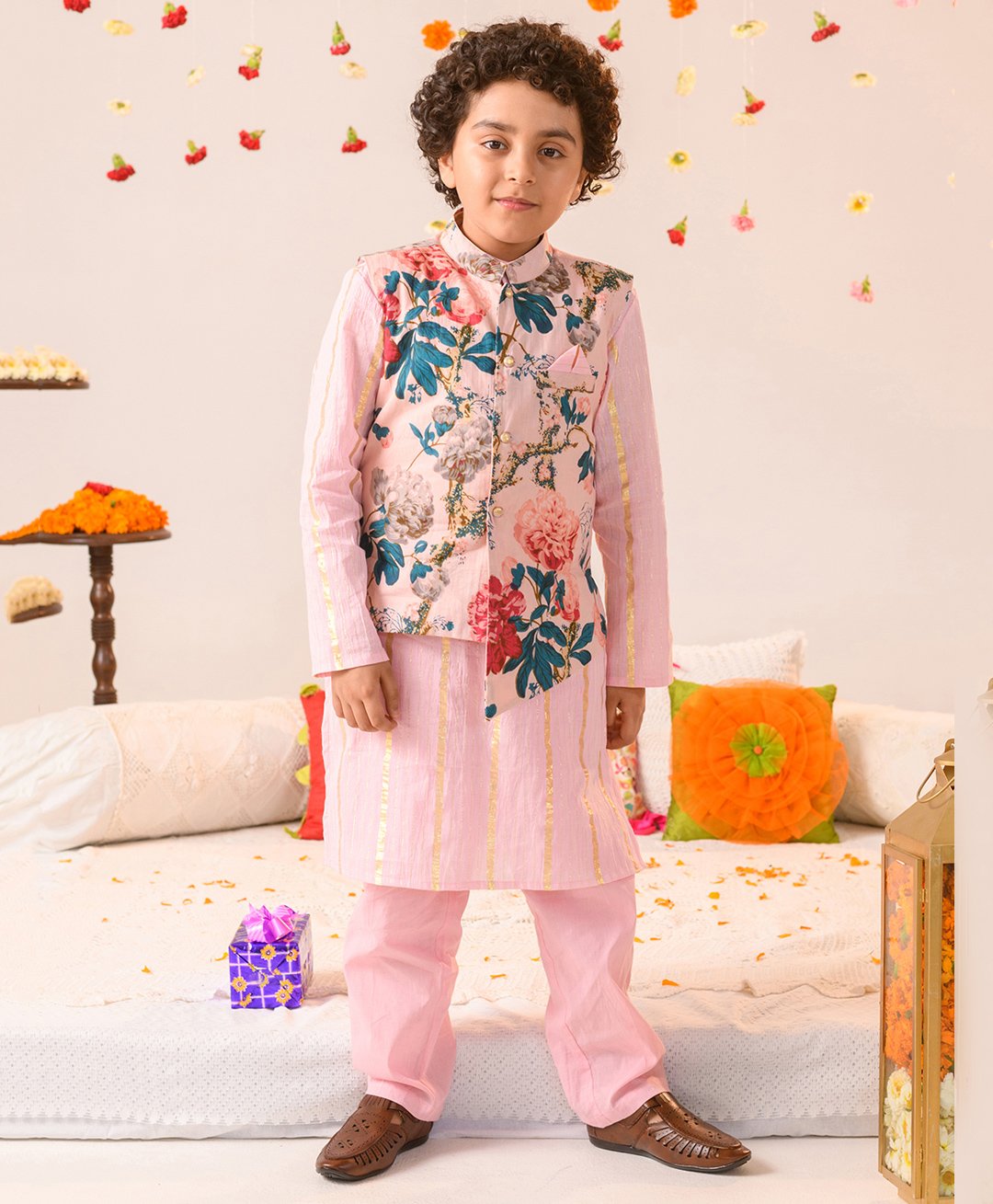 Pspeaches Full Sleeves Lurex Striped Kurta With Pyjama With Seamless Vintage Floral Printed Asymmetrical Hem Jacket - Pink-picture-23