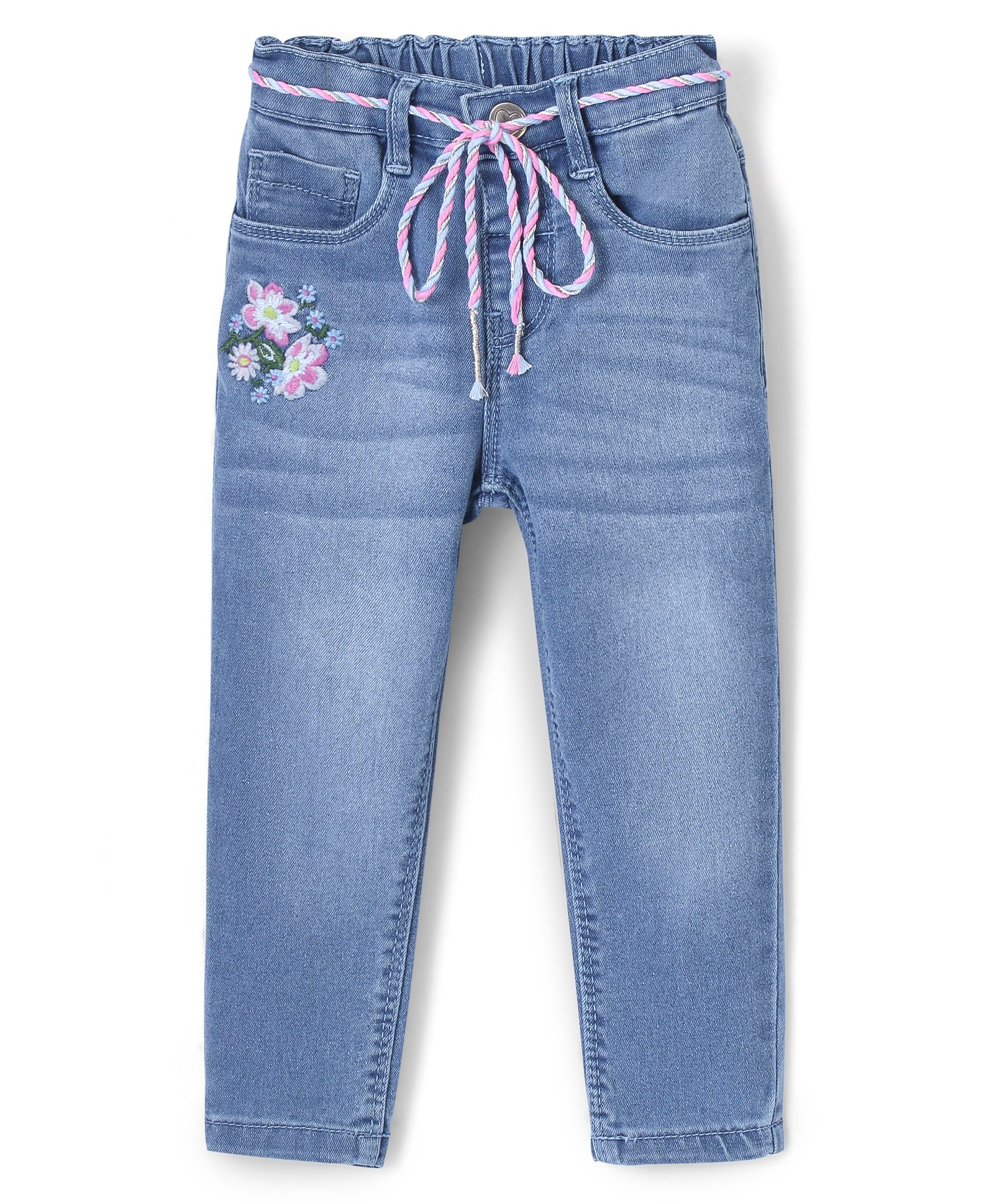 Babyhug Denim Full Length Jeans With Stretch Floral Embroidered & Washed - Blue-image-23