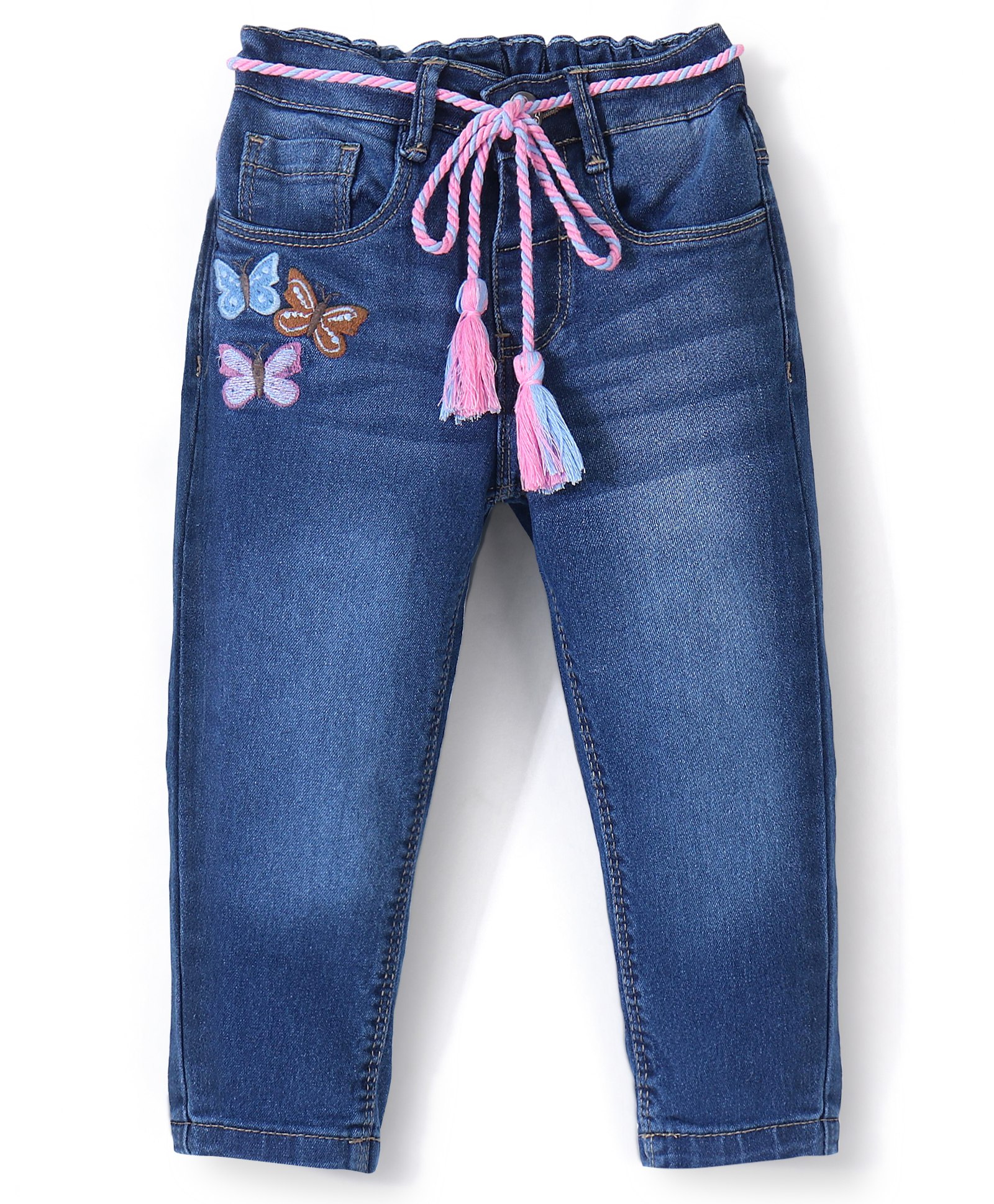 Babyhug Cotton Washed Denim Full Length Stretchable Jeans With Butterfly Embroidery - Blue-picture-17