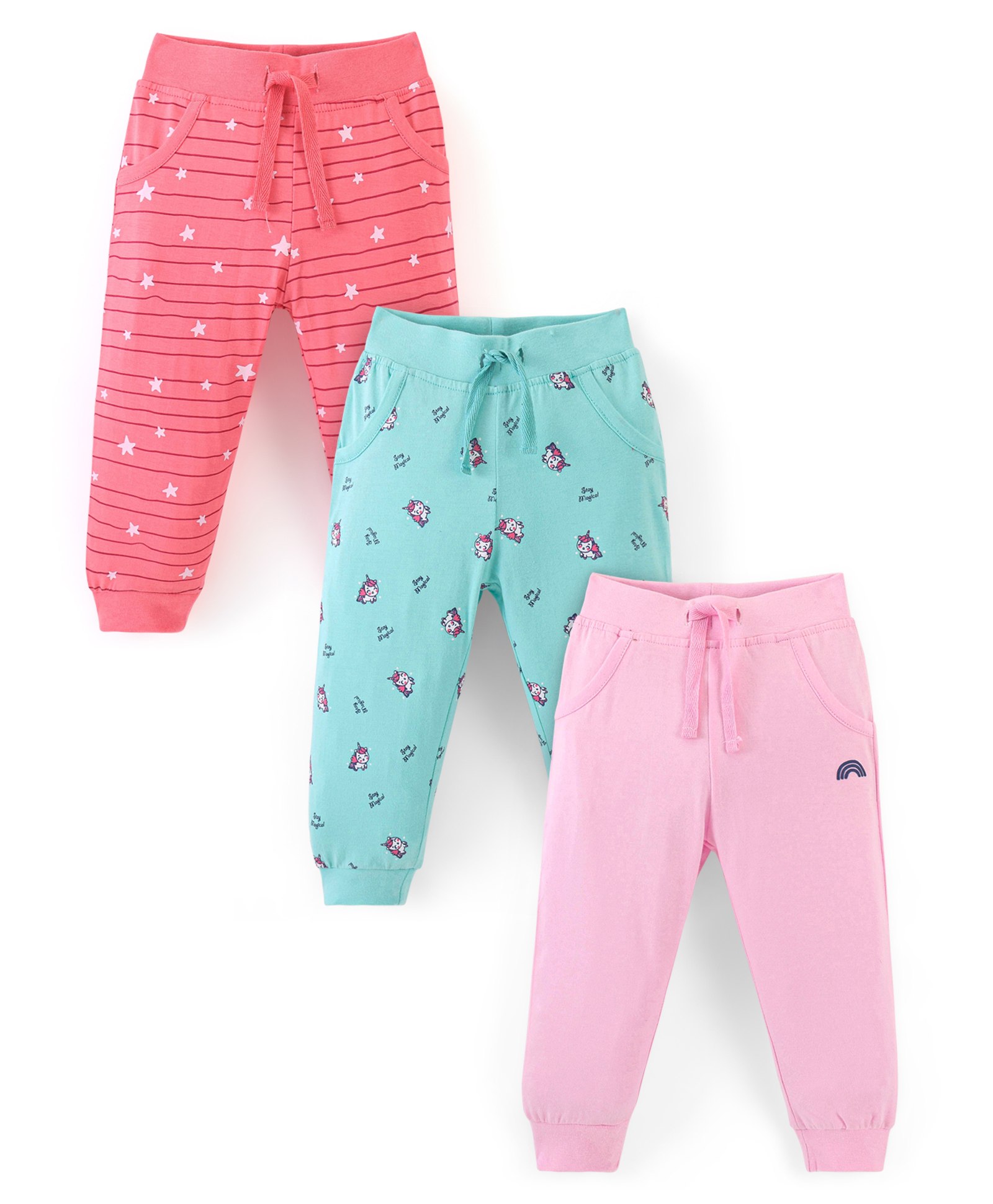 Doodle Poodle 100% Cotton Knit Full Length Lounge Pant Stripes & Unicorn Print Pack of 3 - Blue & Pink-picture-19