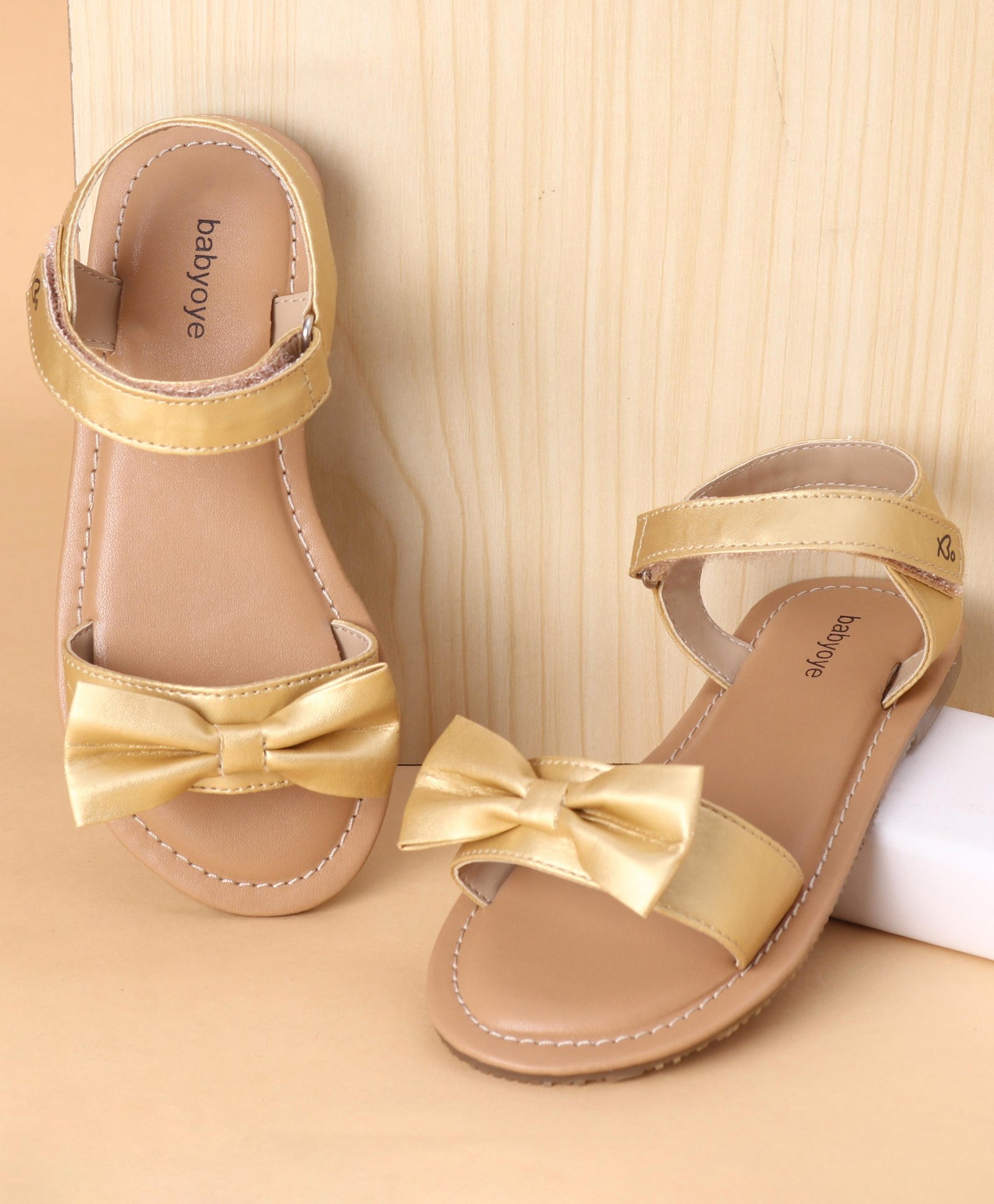 Babyoye Velcro Closure Formal & Party Wear Sandals with Bow Applique Golden (Sole Colour May Vary)-picture-25