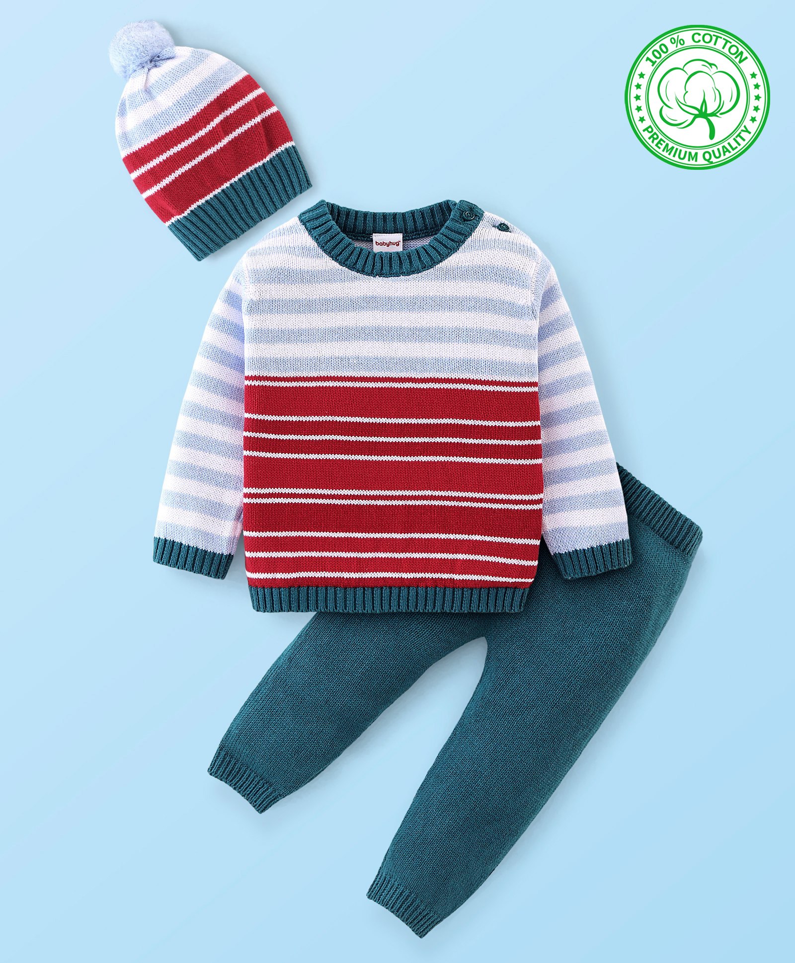 Babyhug Full Sleeves Sweater Set with Cap Stripes Design - Blue-picture-12