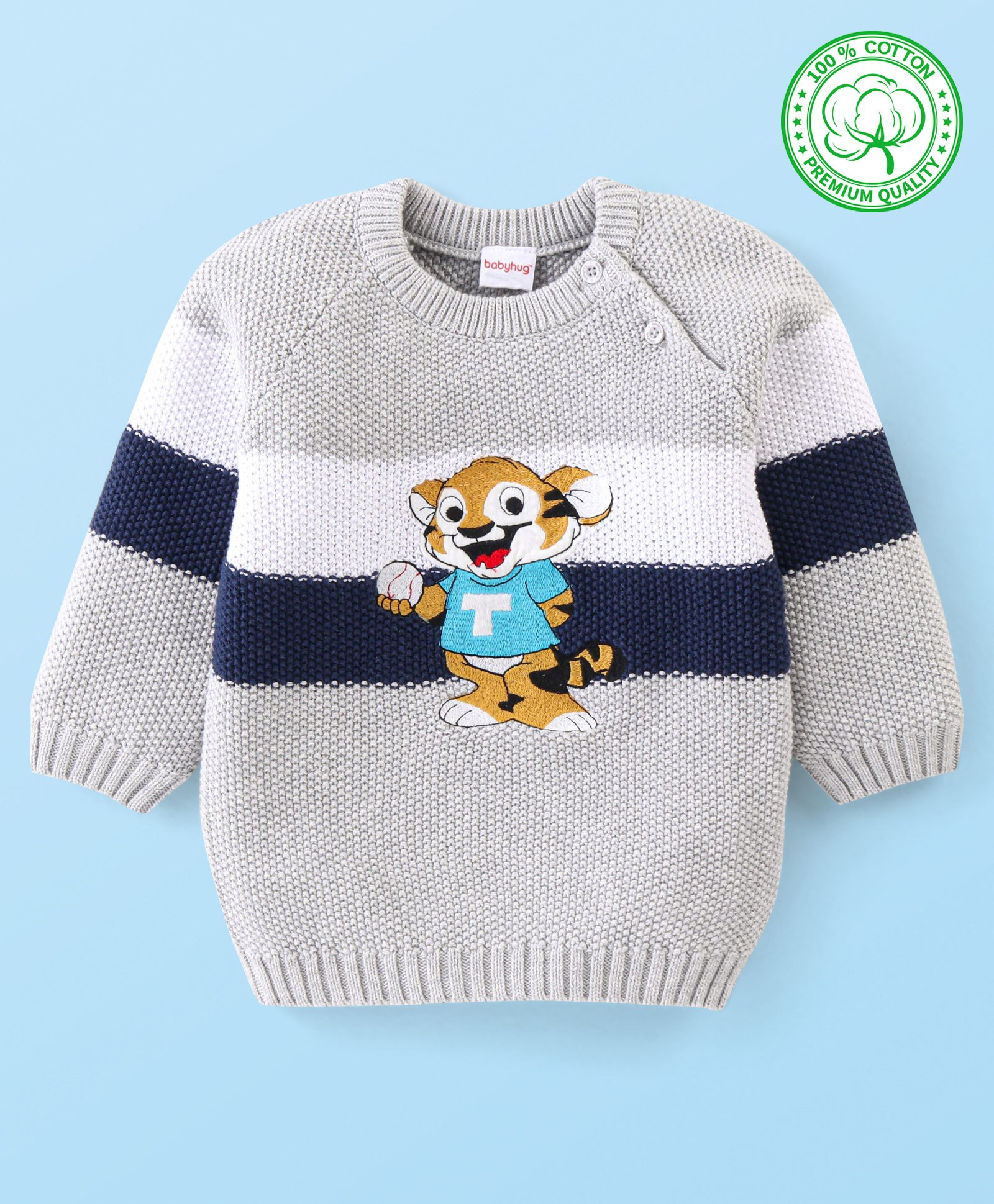 Babyhug Organic Cotton Full Sleeves Pullover Tiger in Tee  Design - Grey-image-47