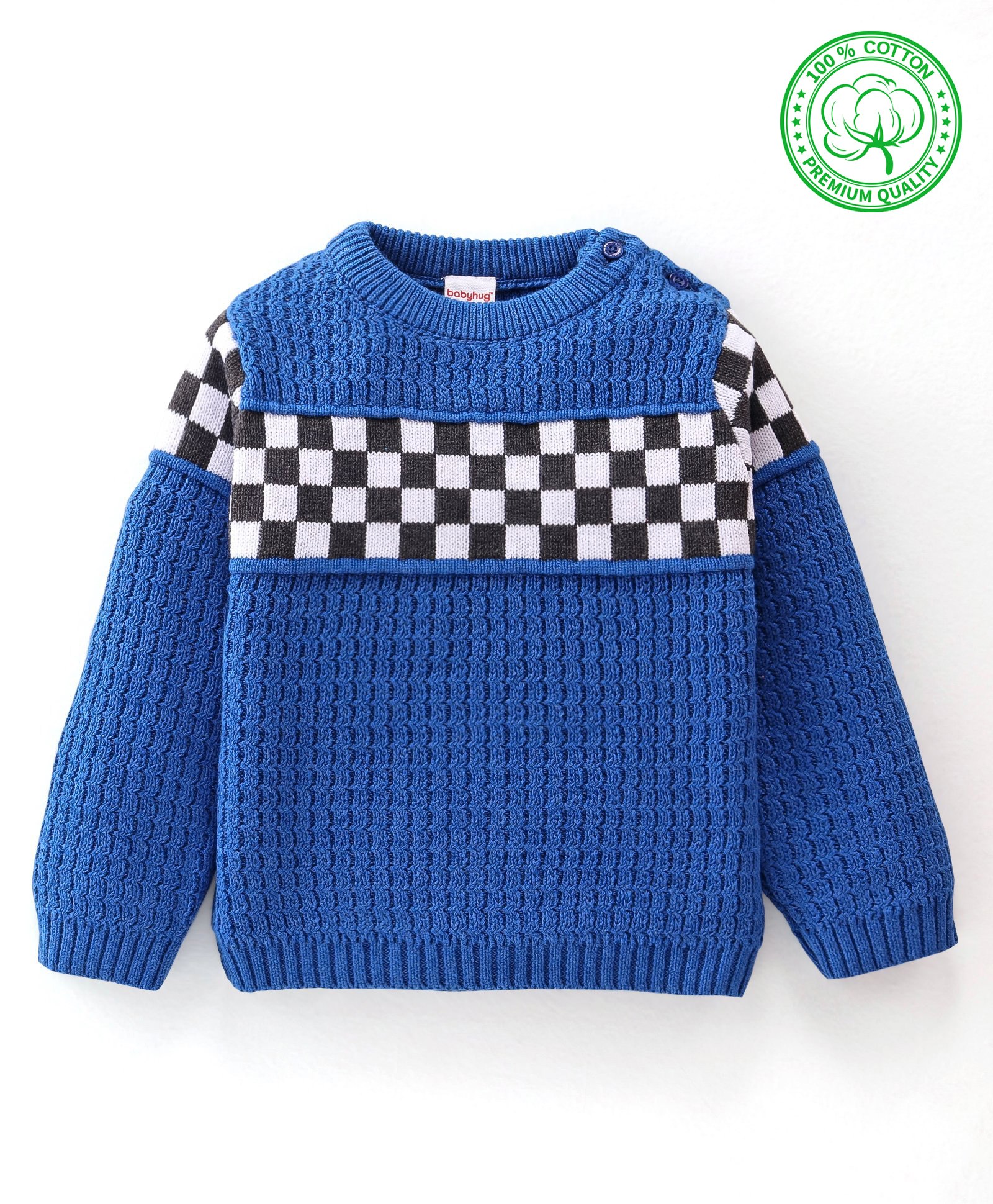 Babyhug Knitted Full Sleeves Checks Sweater - Blue-image-11