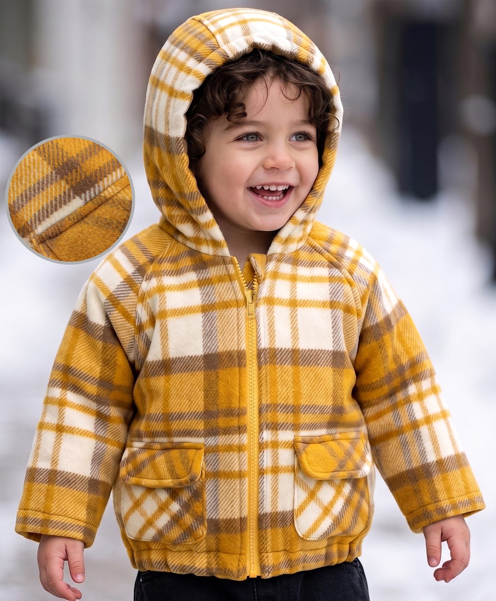 Babyoye Full Sleeves Hooded Jacket Checkered - Yellow-image-40