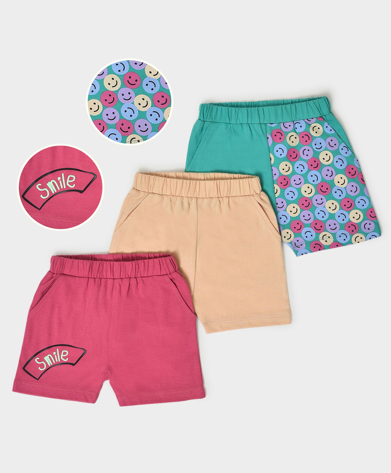 Mi Arcus  Cotton Smiley Print Shorts Pack of 3 Pink & Green-image-2