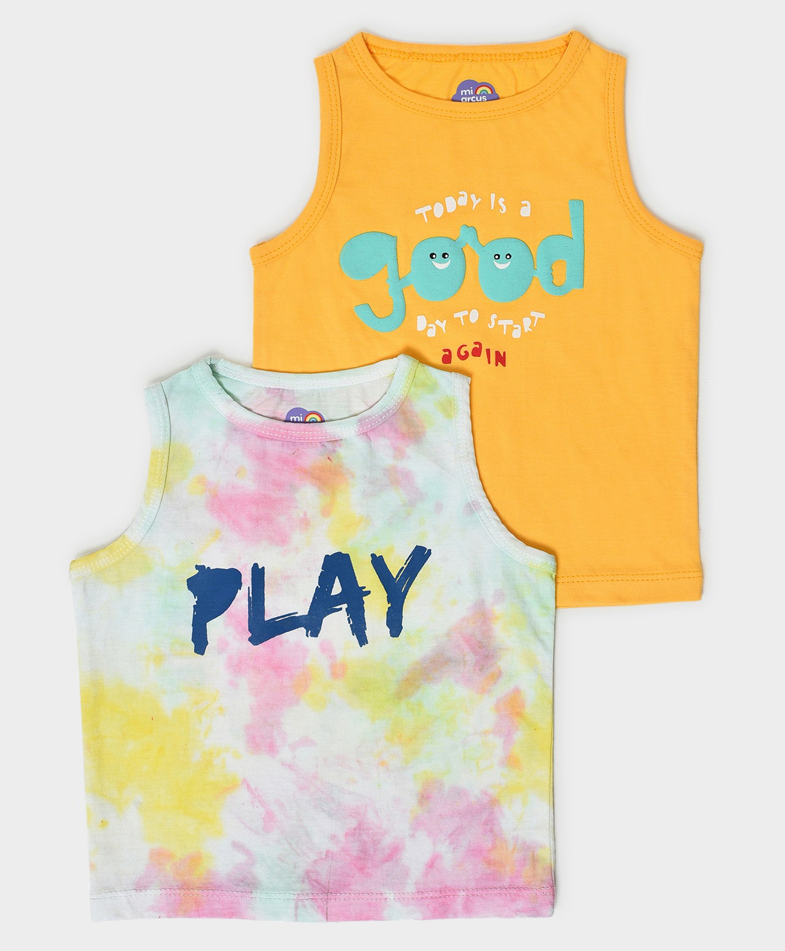 Mi Arcus  Cotton Sleeveless Patel Crumple Tie & Dye With Text Print Tees Pack of 2 Yellow & White-image-49