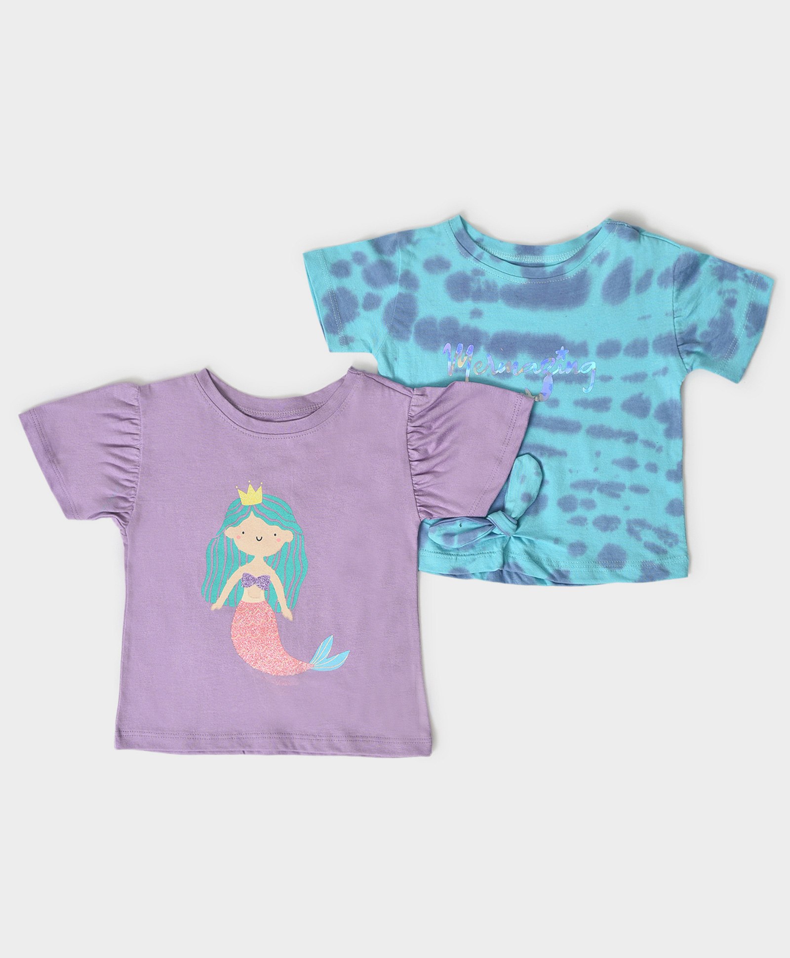Mi Arcus Baby Girl Cotton Half Sleeves Tie & Dye & Mermaid Print Tops Pack of 2 Purple & Blue-image-25
