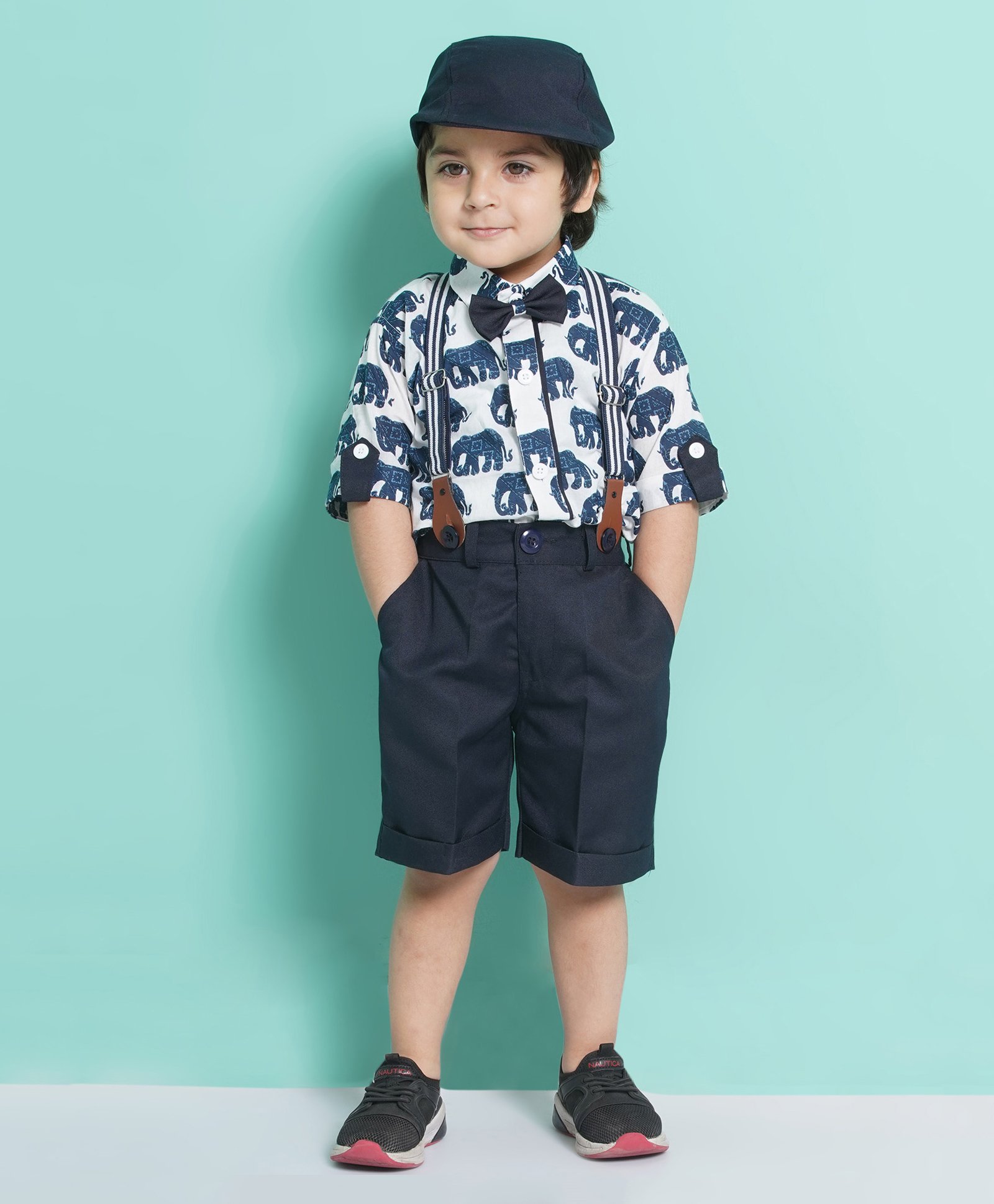 AJ Dezines Half Sleeves Elephant Motif Printed Shirt With Striped Suspender 5 Piece Party Set - Navy Blue-picture-20