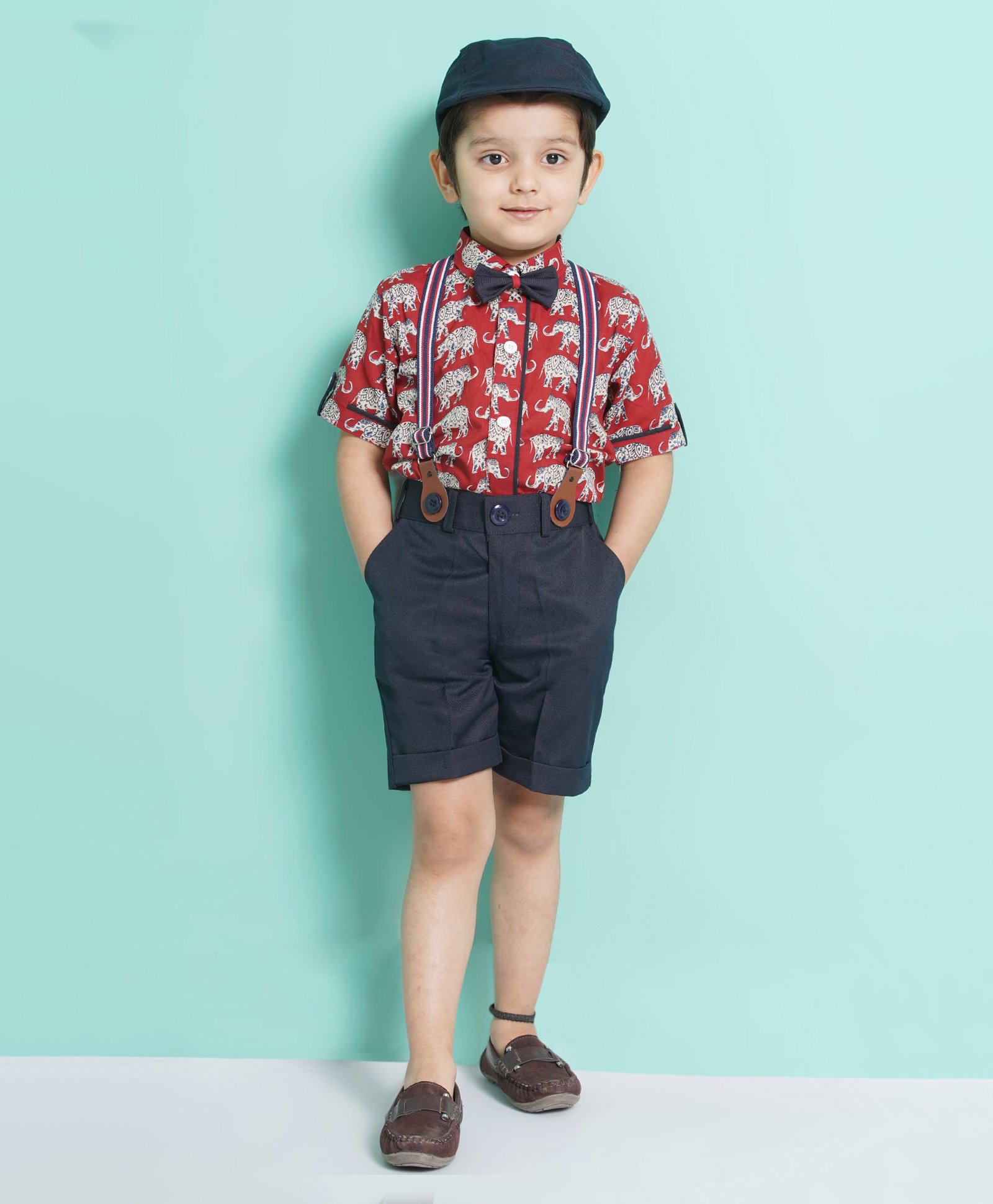 AJ Dezines Half Sleeves Elephant Motif Printed Shirt With Striped Suspender 5 Piece Party Set - Red-picture-13