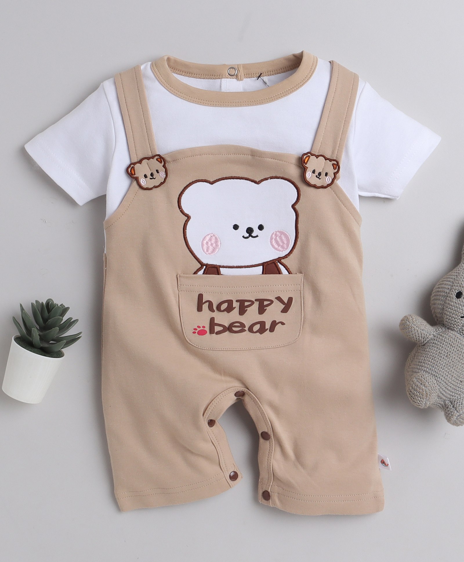 BUMZEE Half Sleeves BearPrintedRomper - Brown & White-picture-33
