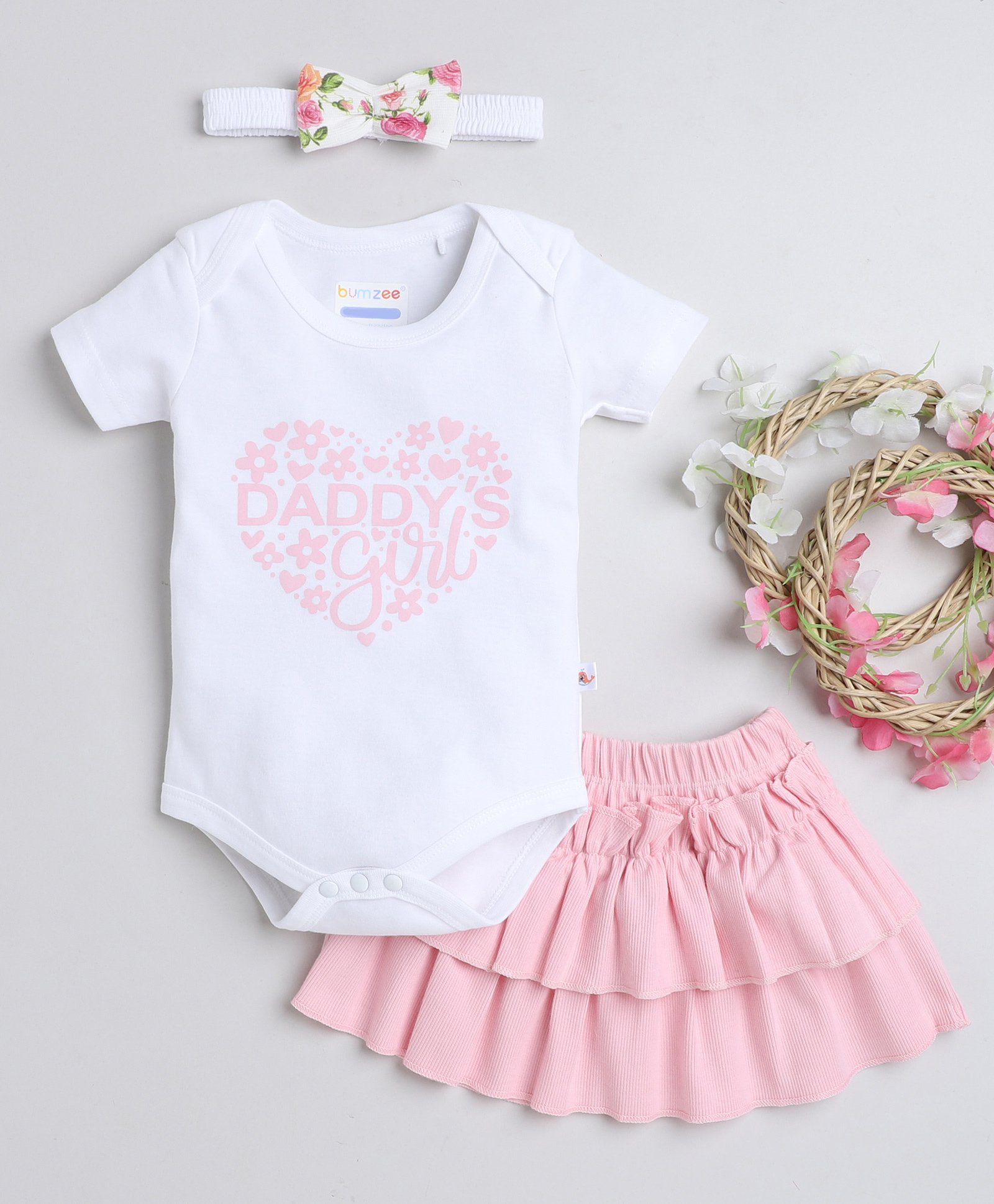 BUMZEE Half Sleeves Daddy Girl Printed Onesie With Layered Skirt & Floral Headband - White & Pink-image-22