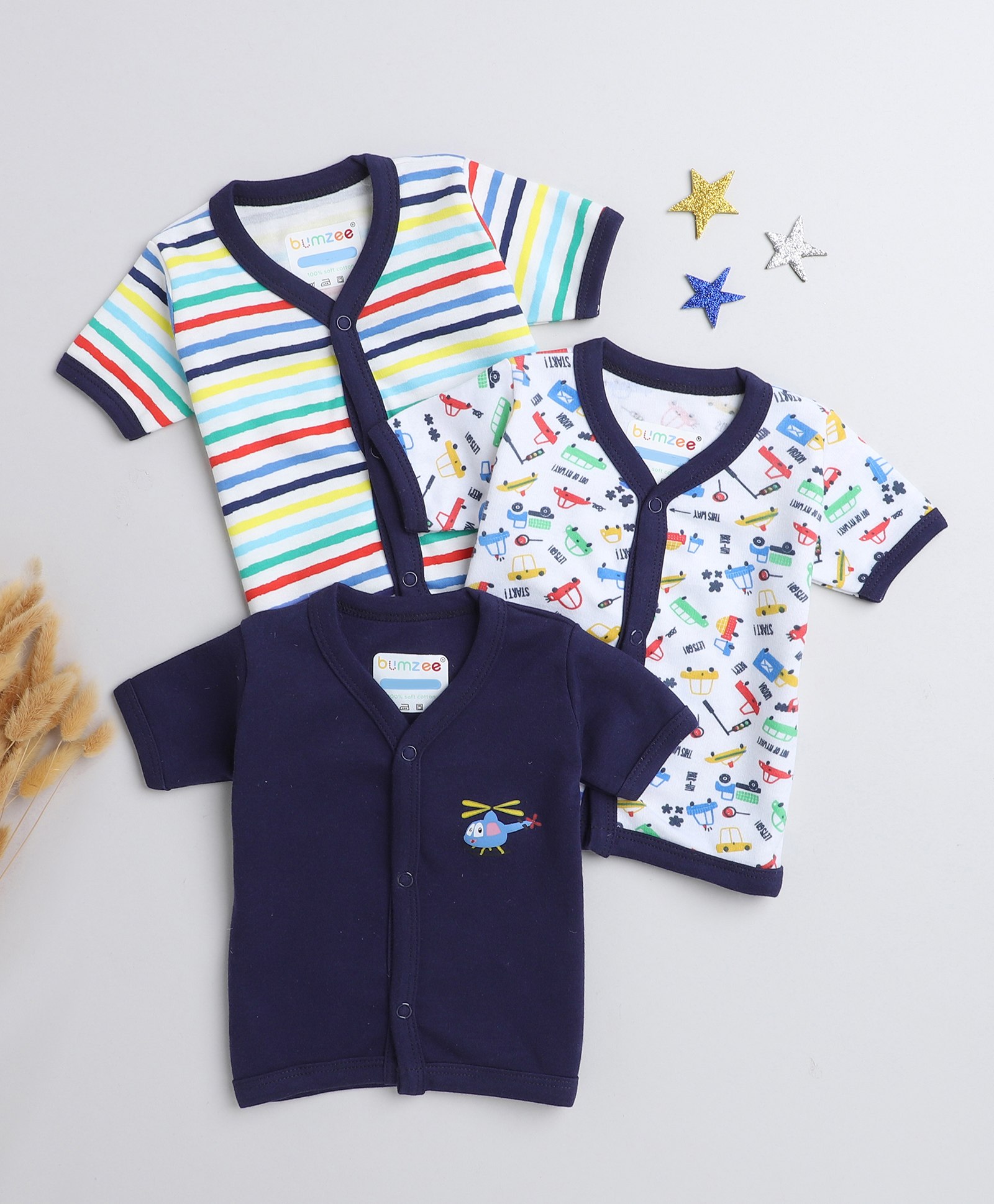 BUMZEE Pack Of 3 Half Sleeves Cars Printed & Striped Jhablas - Navy Blue & Multi Colour-image-41