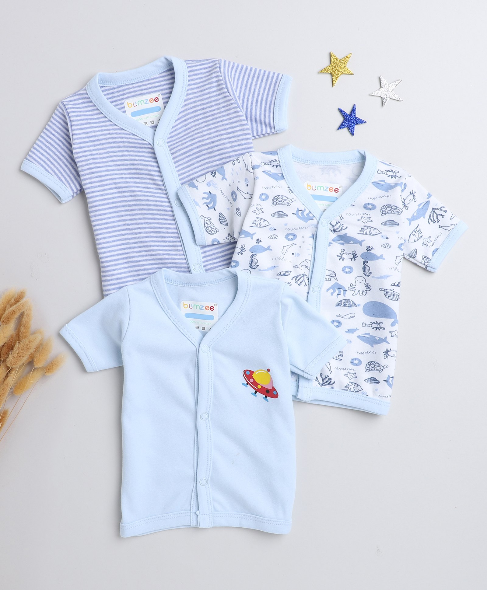 BUMZEE Pack Of 3 Half Sleeves Sea Life Printed & Pencil Striped Jhablas - Blue & White-image-44