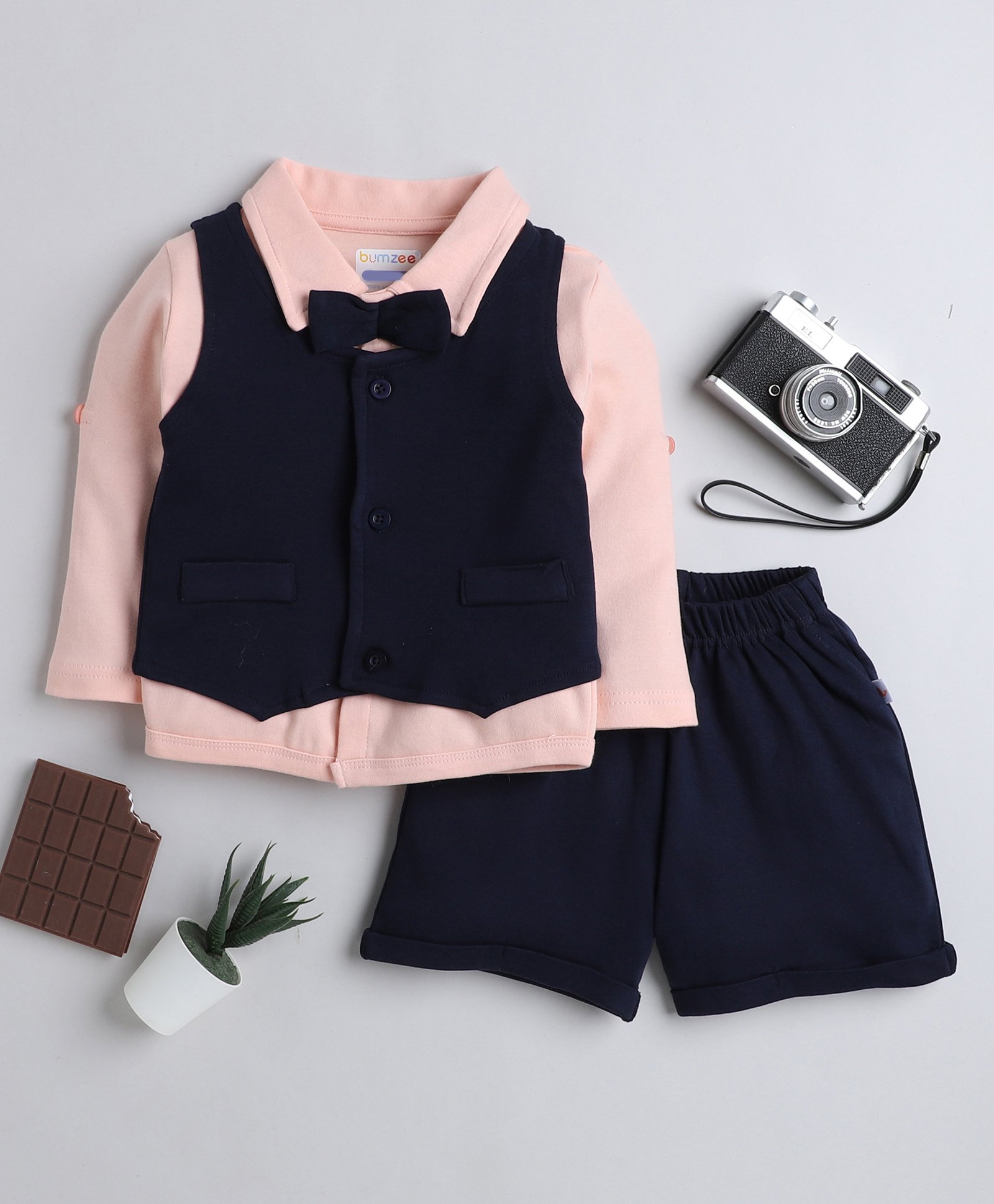 BUMZEE Full Sleeves Solid 3 Piece Shirt Waistcoat & Short Set - Navy Blue & Peach-image-35