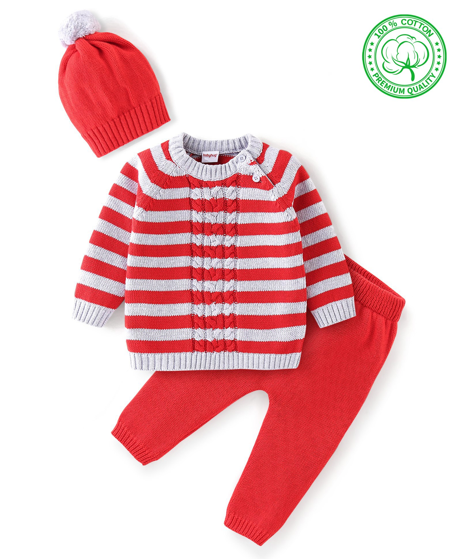 Babyhug Full Sleeves Sweater Set with Cap Striped Design - Rust Red & Grey-image-45
