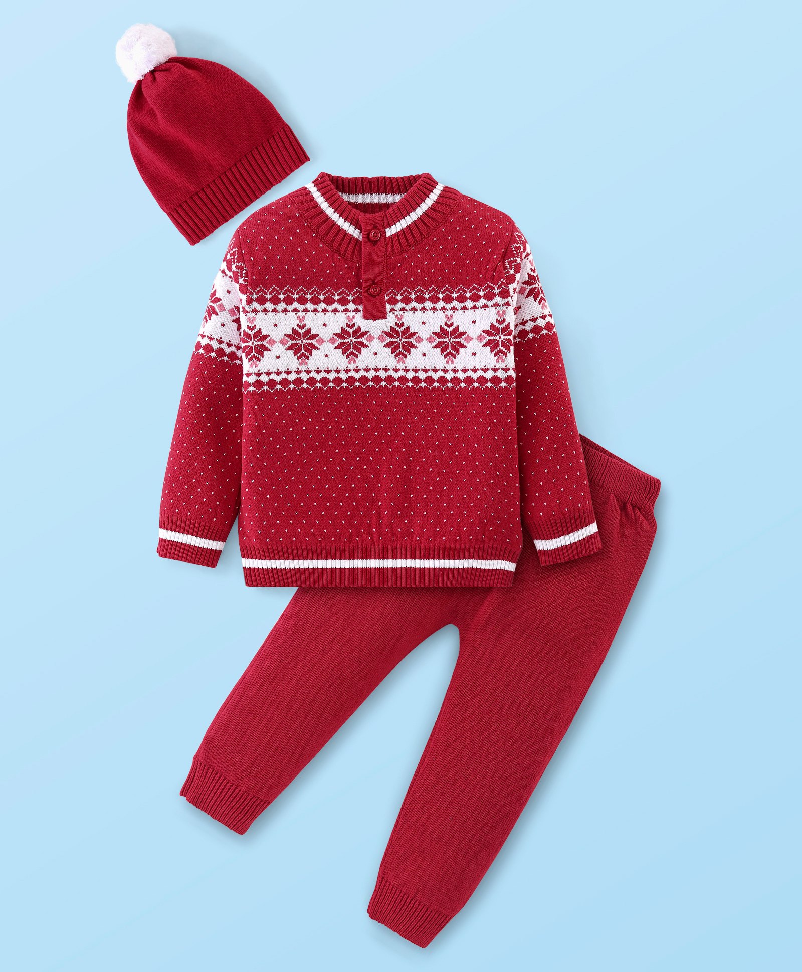 Babyhug Full Sleeves Sweater Set with Cap Diamond Design - Red-image-21