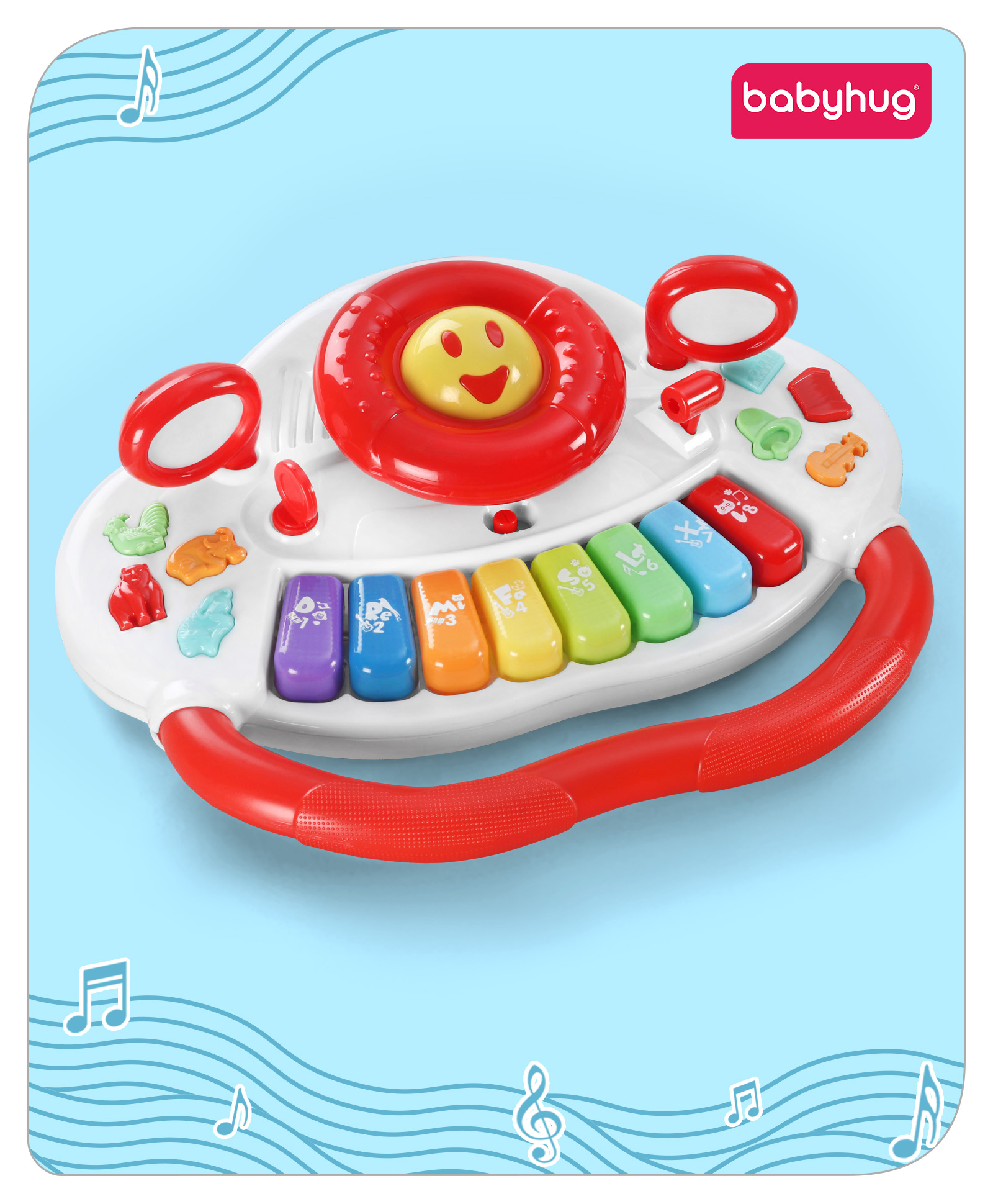 Babyhug Musical Piano With Steering Wheel Lights Animal Sounds Instrumental Tunes Volume Control Learn To Drive Early Educational Development Learning Toy - Red-image-40