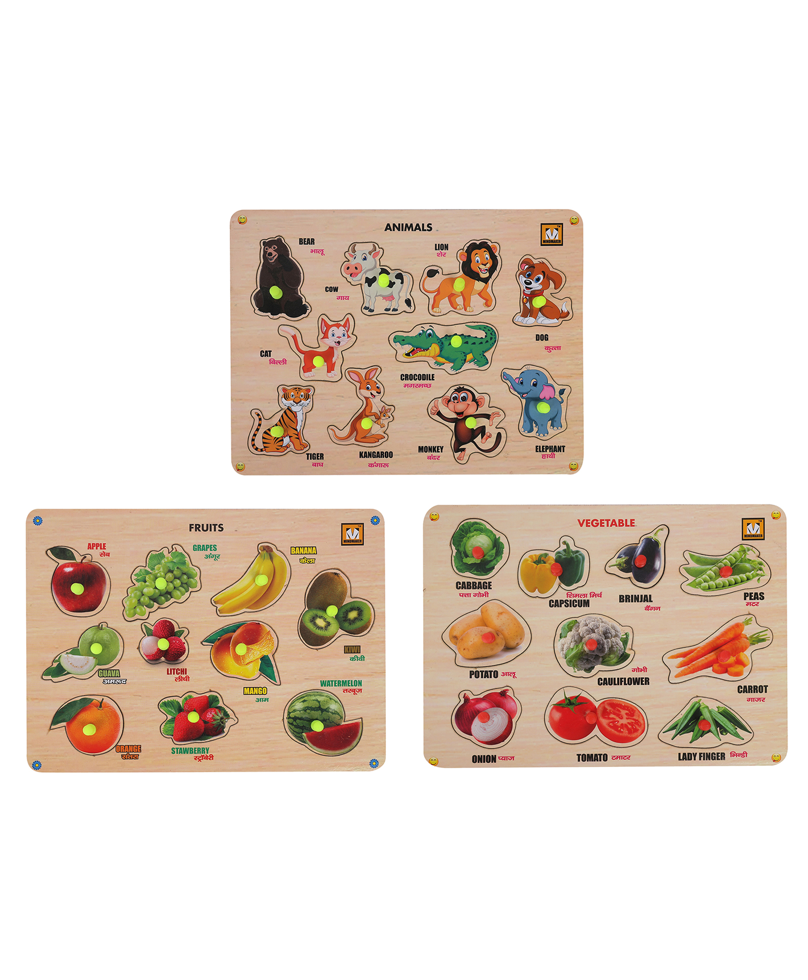 MINDMAKER Wooden Puzzle with Knobs Educational and Learning Toy for Kids Fruits Vegetables  Animals - 3 pieces-image-14