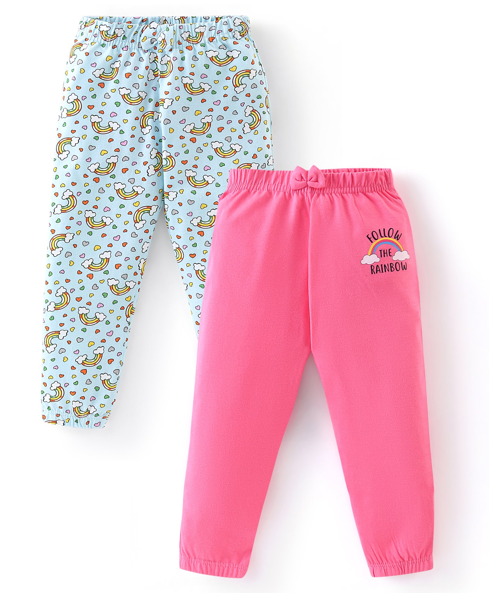 Babyhug Cotton Knit Full Length Lounge Pants Rainbow Print Pack of 2 - Pink & Sky Blue-picture-38