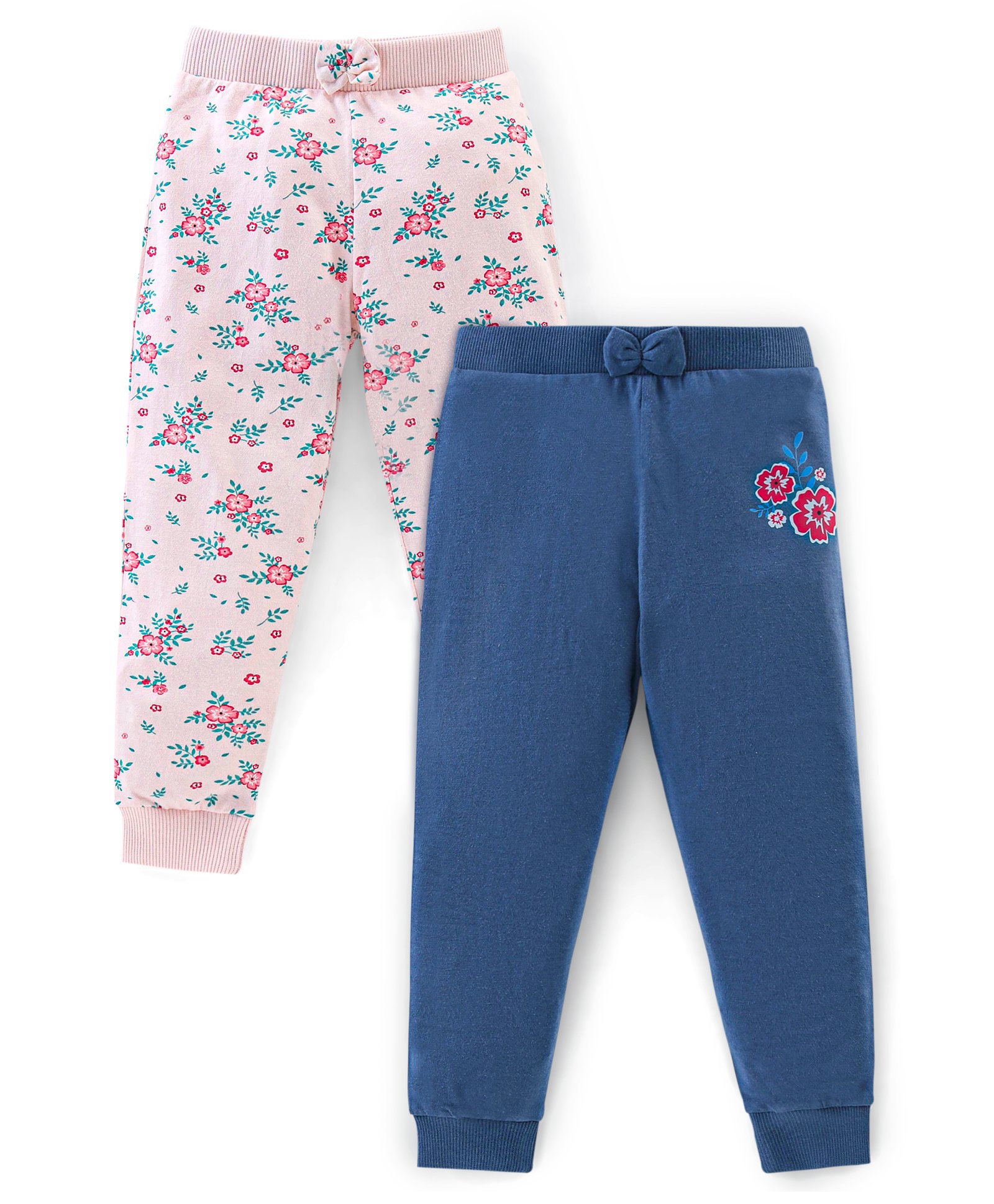 Babyhug Cotton Knit Lounge Pant Floral Print Pack of 2 - Pink & Navy Blue-image-38