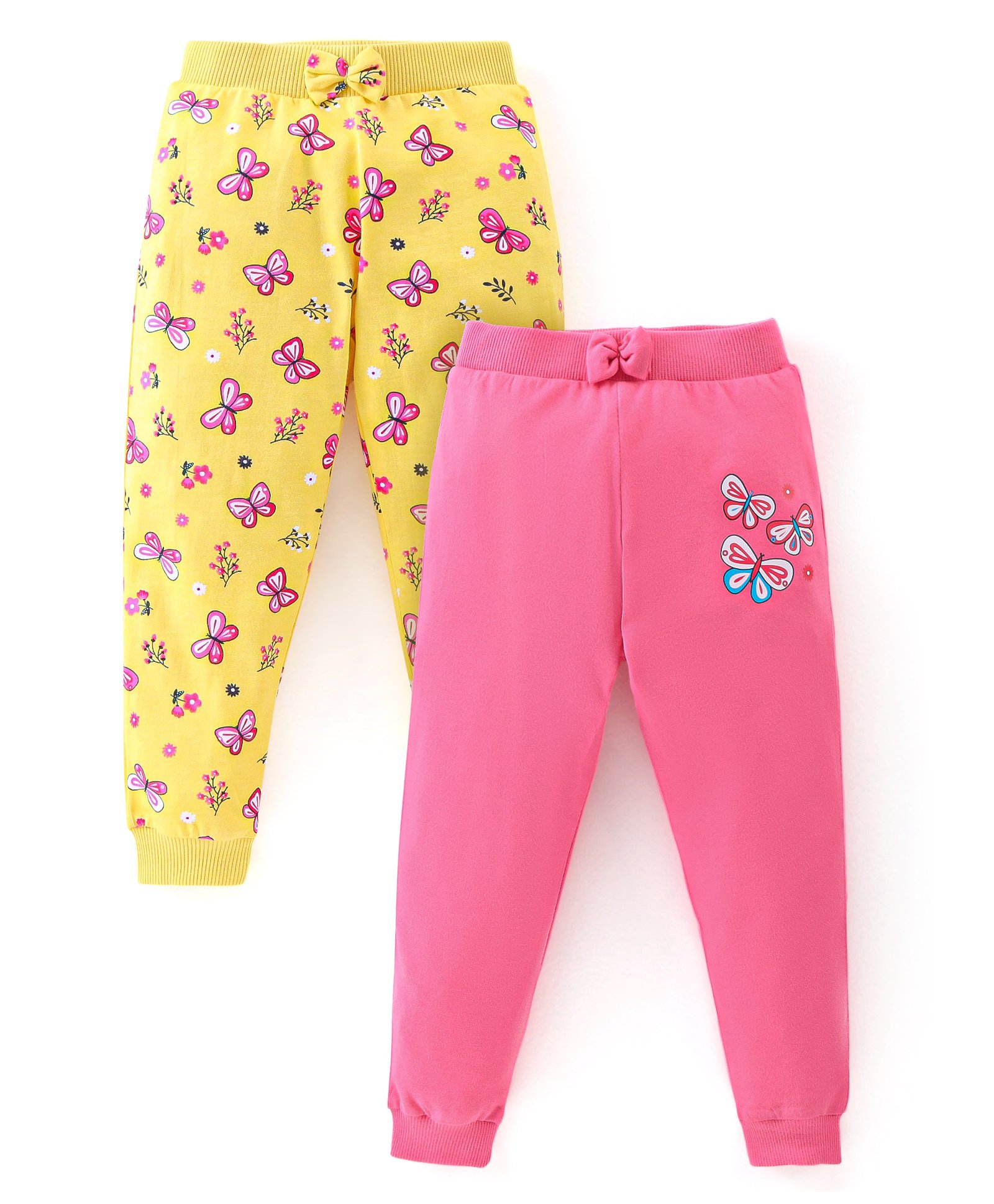 Babyhug Cotton Knit Lounge Pants Butterfly Print Pack of 2 - Pink & Yellow-image-15