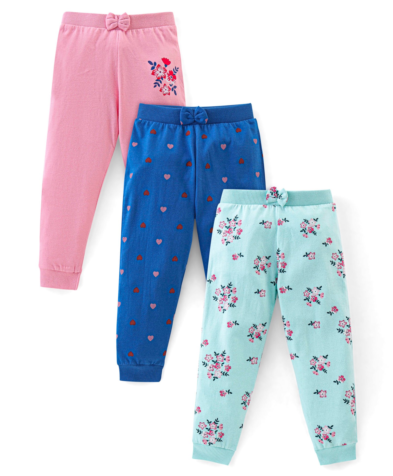Babyhug Cotton Knit Full Length Lounge Pant Floral & Heart Print Pack of 3 - Pink & Blue-picture-27