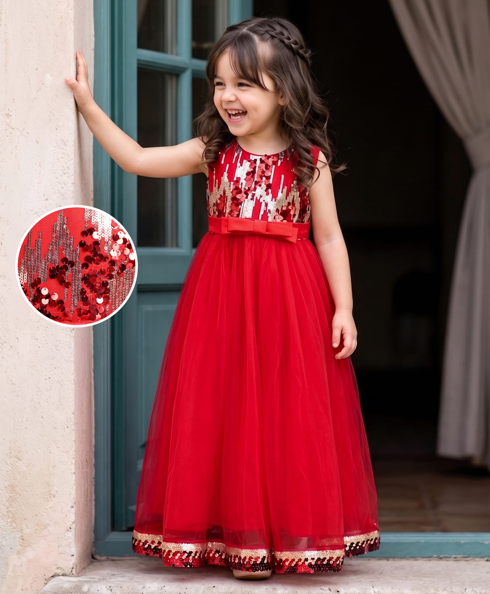 Mark & Mia Cotton Sleeveless Party Gown with Sequin Detailing - Red-picture-14