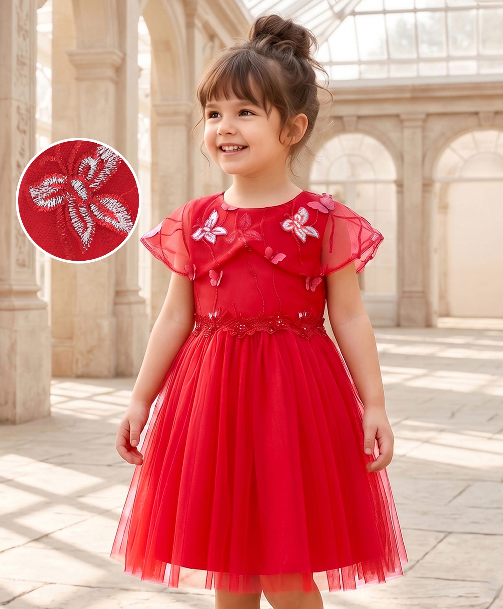 Mark & Mia Sleeveless Knee Length Party Frock with Floral & Mesh Detailing - Red-picture-22
