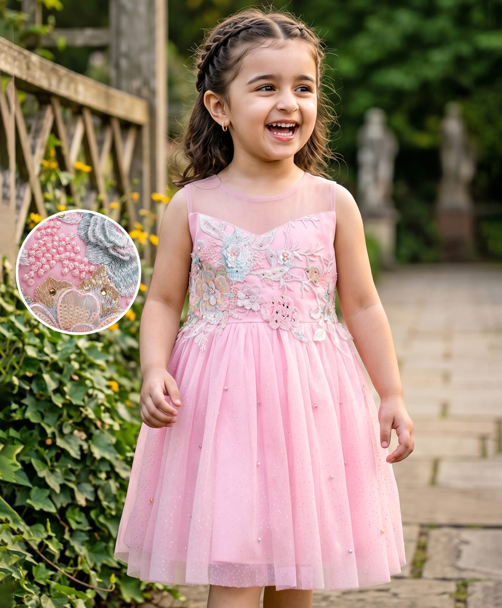 Mark & Mia Sleeveless Knee Length Embroidered Party Frock with Corsage - Pink-image-32