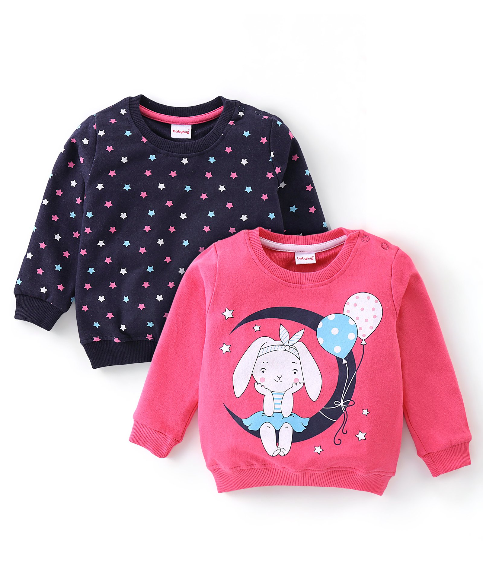 Babyhug Cotton Knit Full Sleeves Sweatshirts with Star Print Pack of 2 - Pink & Navy Blue-picture-10