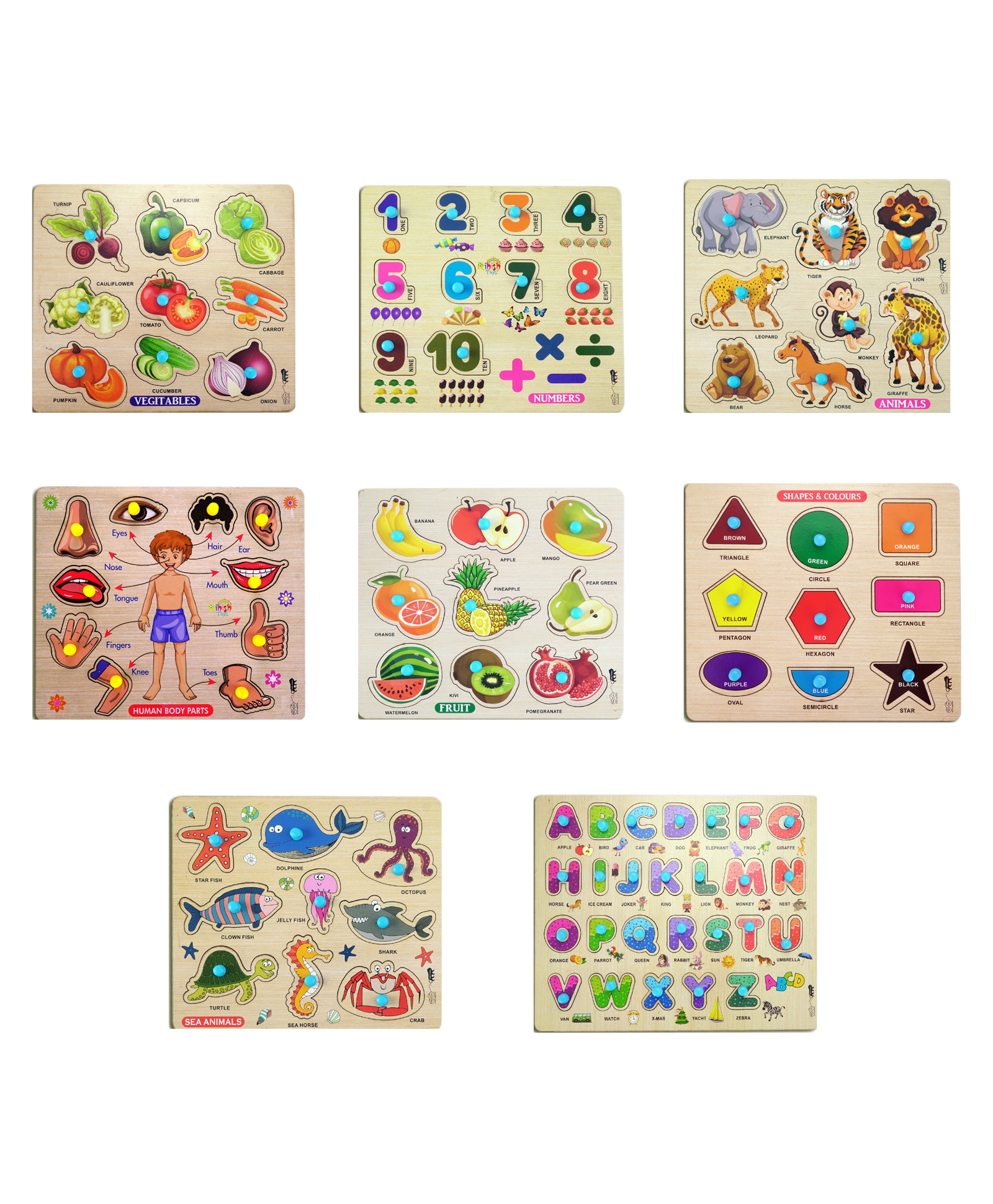 Bitfeex Kids Fort Pre Nursery Educational Jigsaw Puzzles Adults Kids Learning Toys Vegetables Number Animals Body Part Fruits Shape & Color Sea Animals Alphabets Set Of 8 Wooden Puzzle - 90 Pieces-image-11