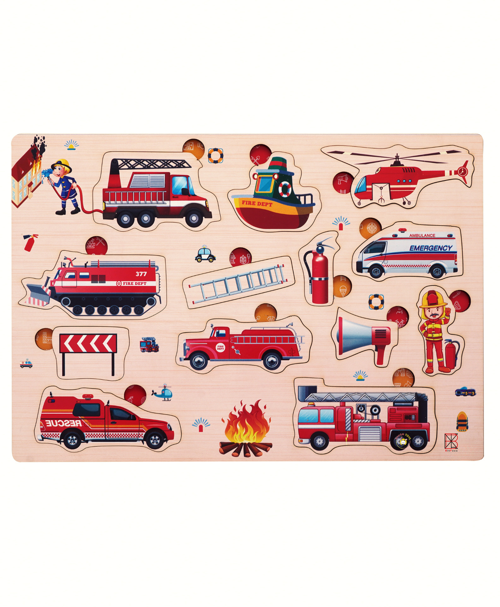 Bitfeex Wooden Fire Brigade Puzzle Wooden Board Peg Fire Brigade Equipment & Vehicle Puzzle - 13 Pieces-image-34