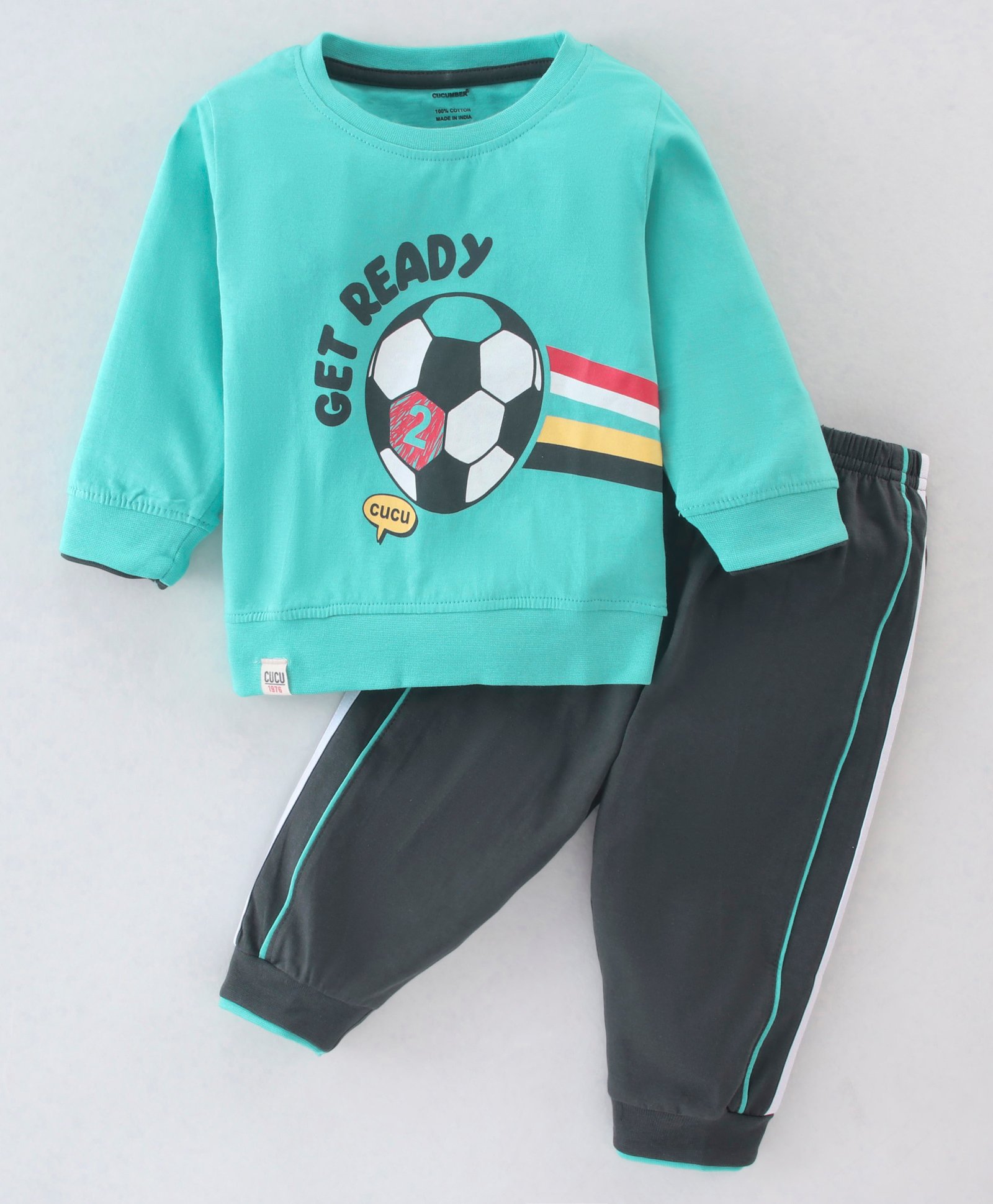 CUCUMBER Sinker Knit Full Sleeves Sweatshirt & Lounge Pant Set Soccer Print - Sea Green & Black-image-34