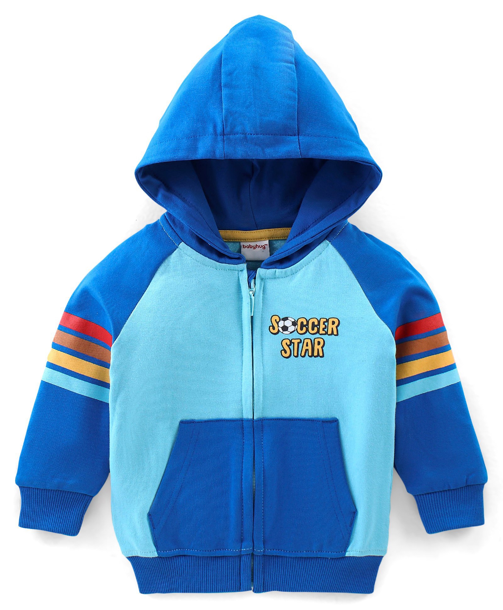 Babyhug Cotton Full Sleeves Front Open Sweatjacket with Zipper & Hood Soccer Star Printed - Blue
