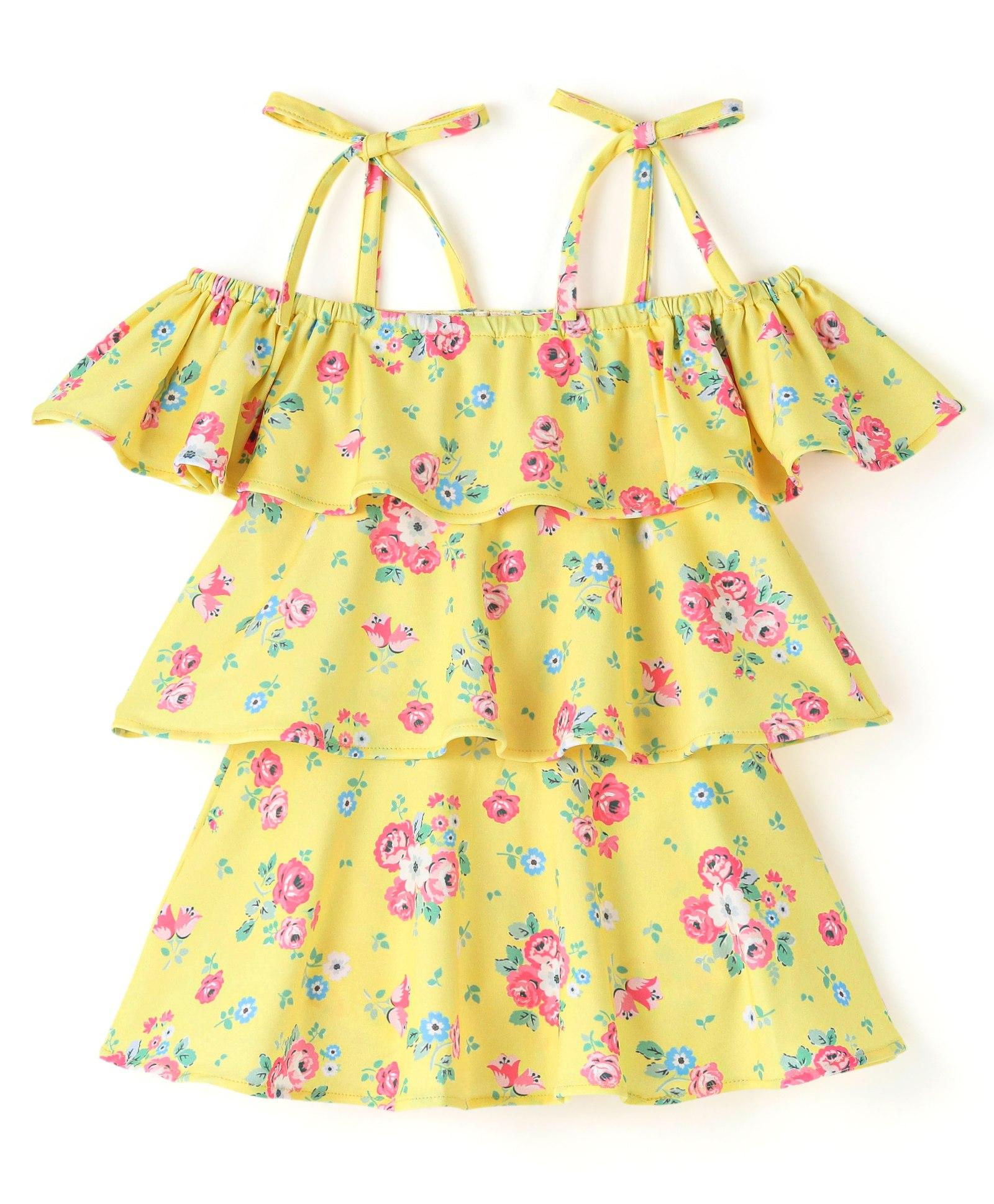 Babyhug Off Shoulder Sleeves Swimsuit Frock Floral Print - Yellow-image-1