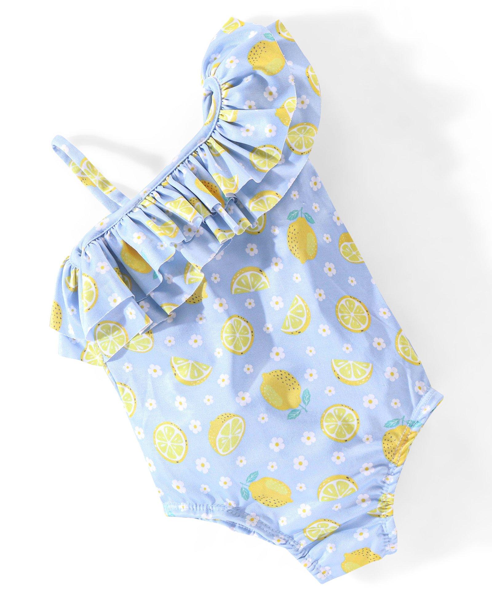 Babyhug Sleeveless One Shoulder V Cut Swimsuit Lemon Print - Blue-image-31