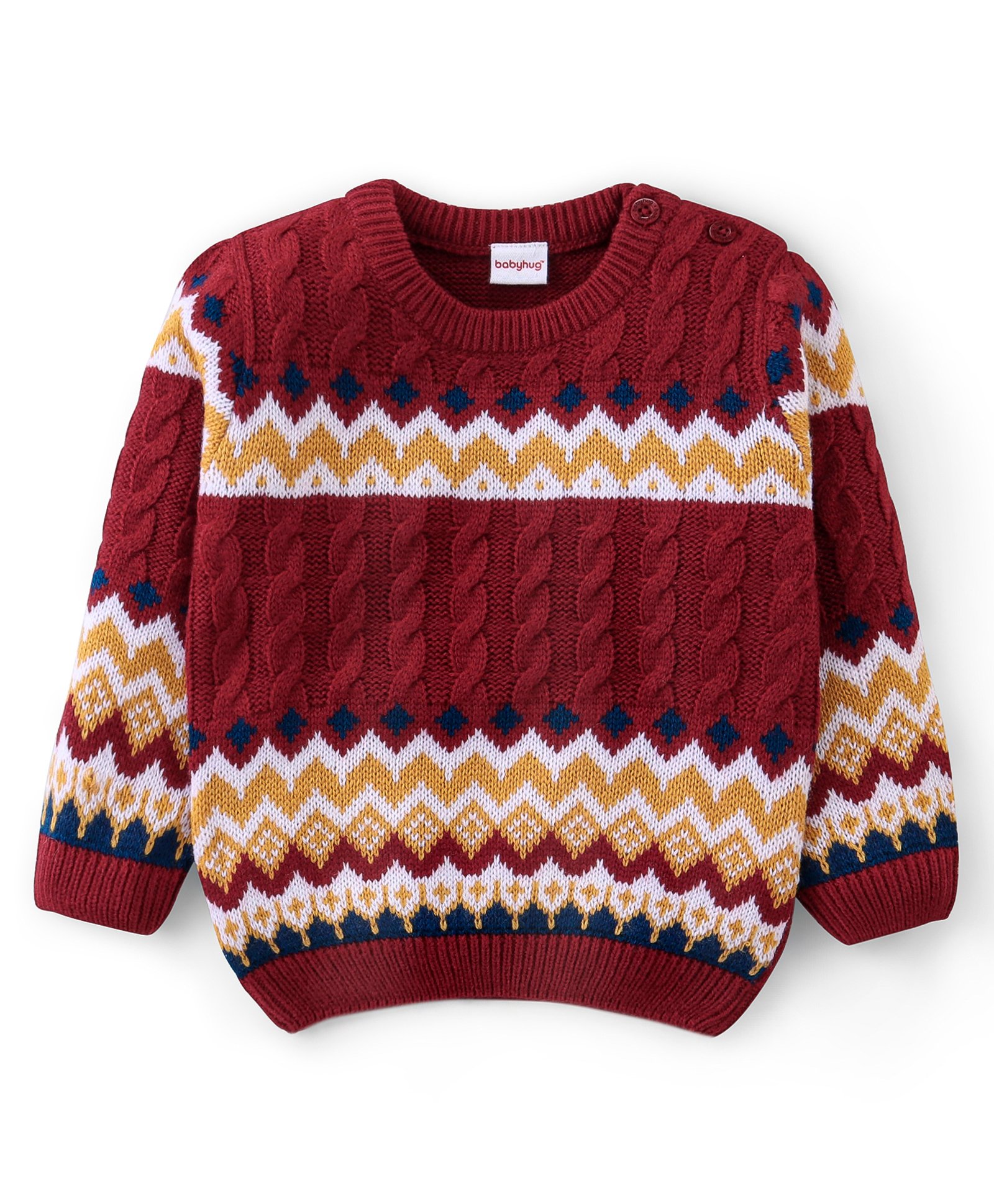 Babyhug 100% Acrylic Full Sleeves Sweater With Ikat Print - Maroon-image-23