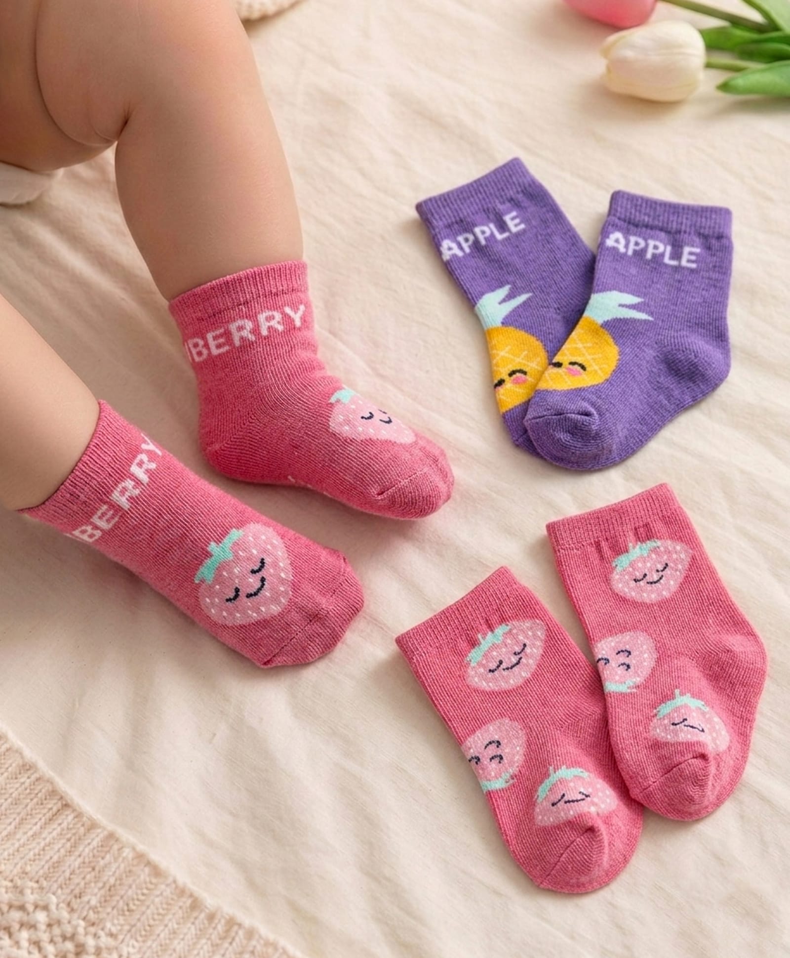 Cute Walk by Babyhug Non Terry Anti Bacterial Ankle Length Socks Fruits Design Pack of 3 - Pink & Purple-image-34