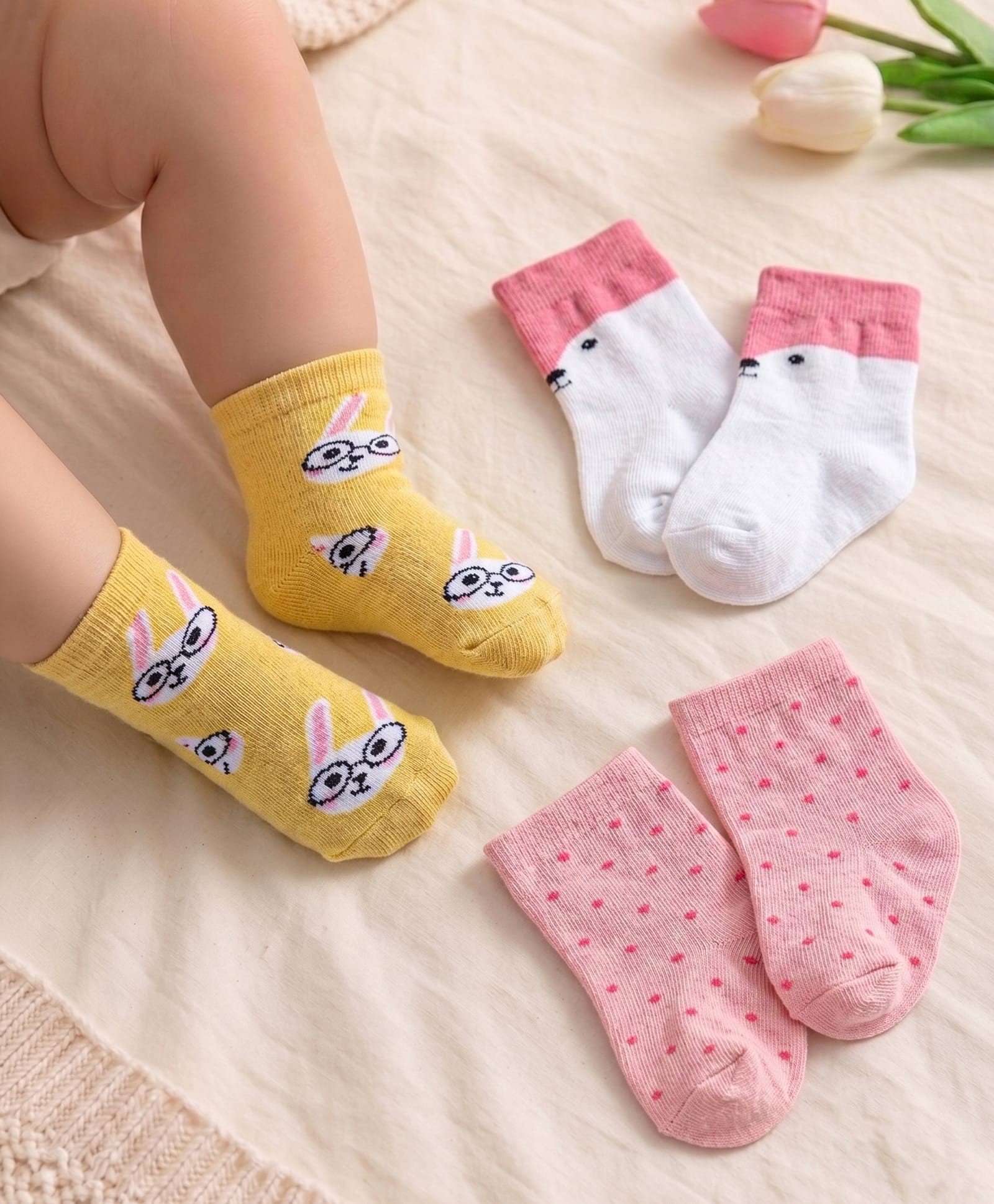 Cute Walk by Babyhug Non Terry Anti Bacterial Ankle Length Socks Kitty Design Pack of 3 - Pink White & Yellow-image-35