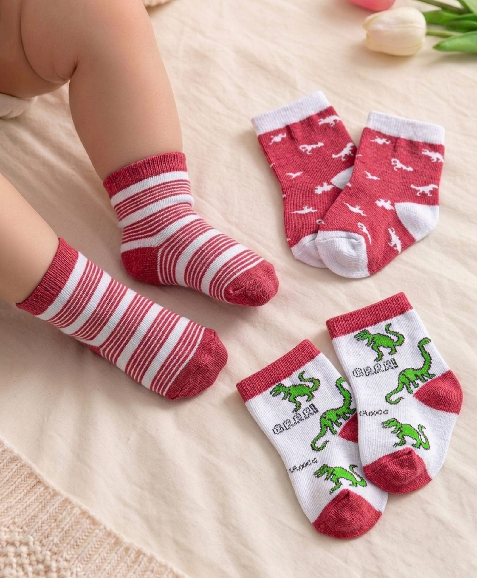 Cute Walk by Babyhug Non Terry Anti Bacterial Ankle Length Socks Dino Design Pack of 3 - Pink & White-image-25